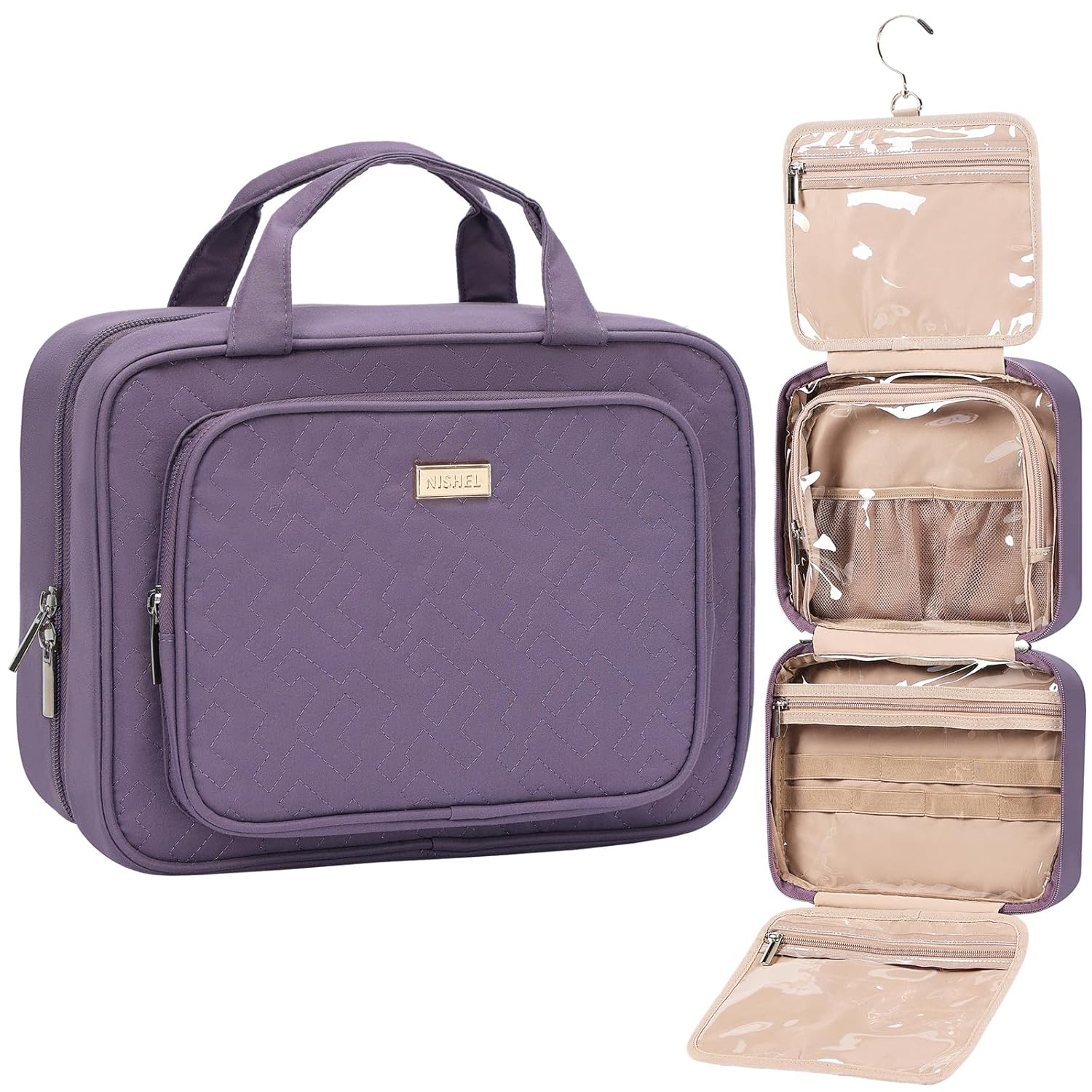 NISHEL Travel Toiletry Bag for Women, Makeup Essentials Organizer, Hanging Case for Accessories, Cosmetics, Medium Size, Purple