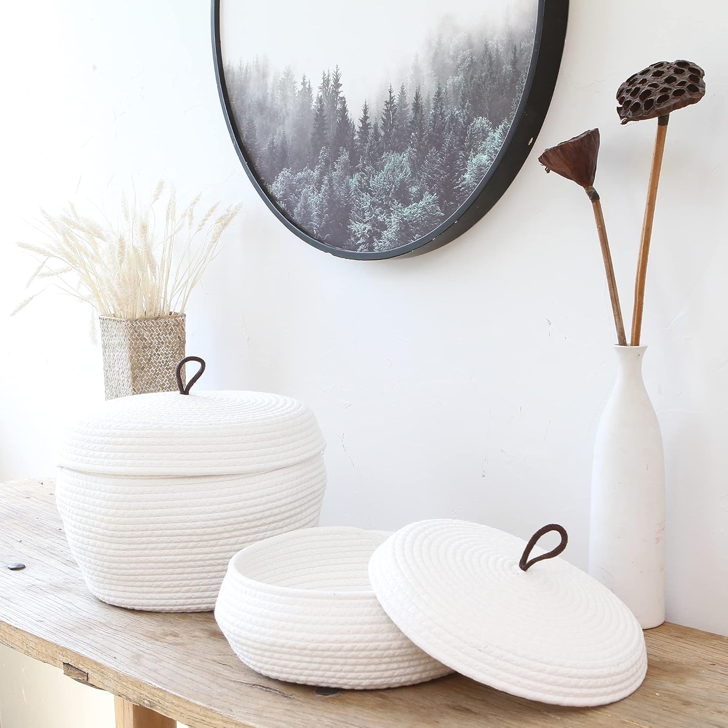 Sea Team Round Cotton Rope Storage Basket with Lid, Decorative Woven Storage Bin, Pot, Caddy, Organizer, Container for Snacks, Towels, Plants, 13 x 9 Inches (Large, White)