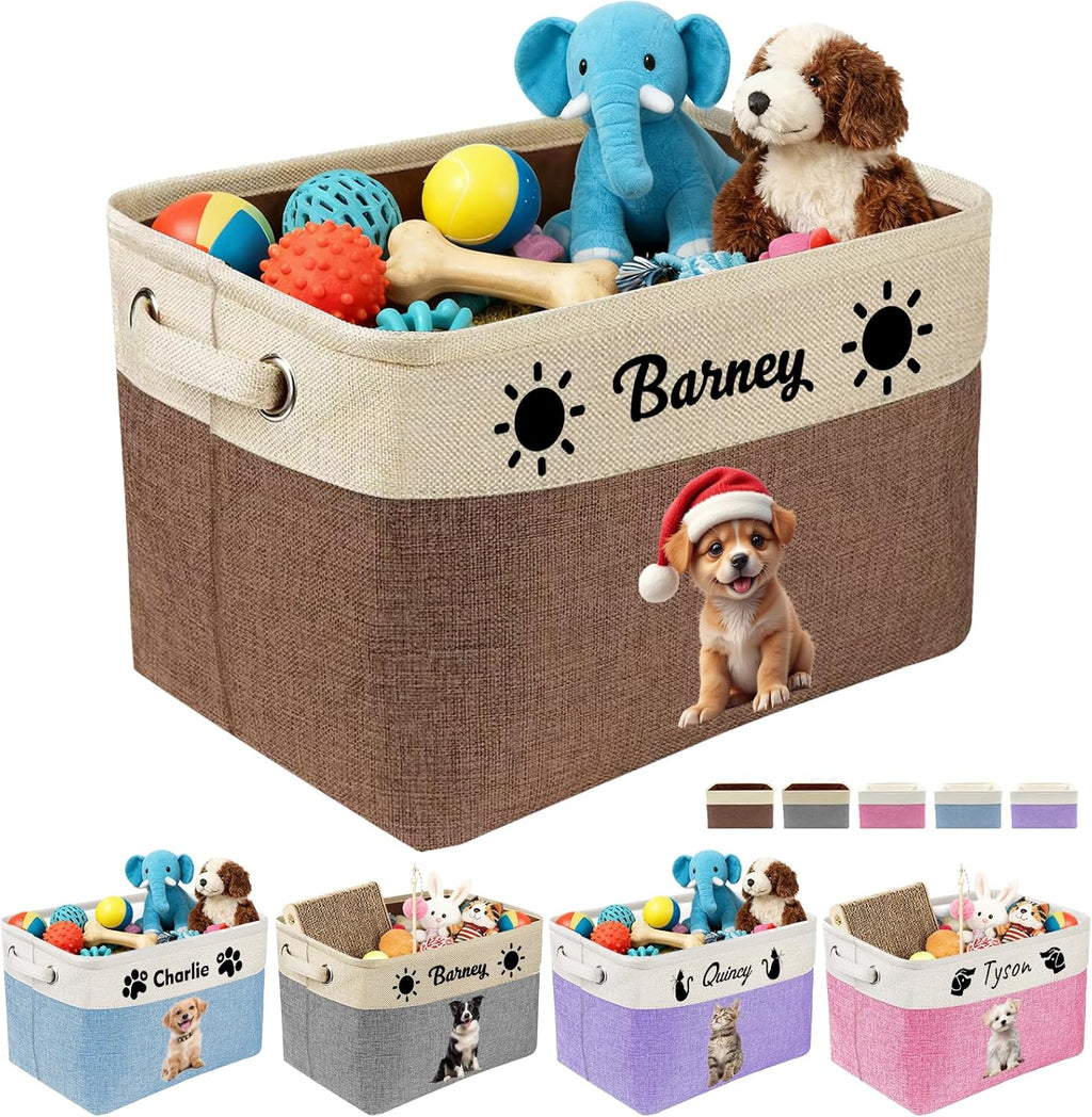 Personalized Dog Toy Storage Basket Custom Dog Name Photo Cat Pet's Gift Baskets Collapsible Organizer Box Foldable Storage Basket with Handle for Toys, Coats, Clothing, Blankets, Brown