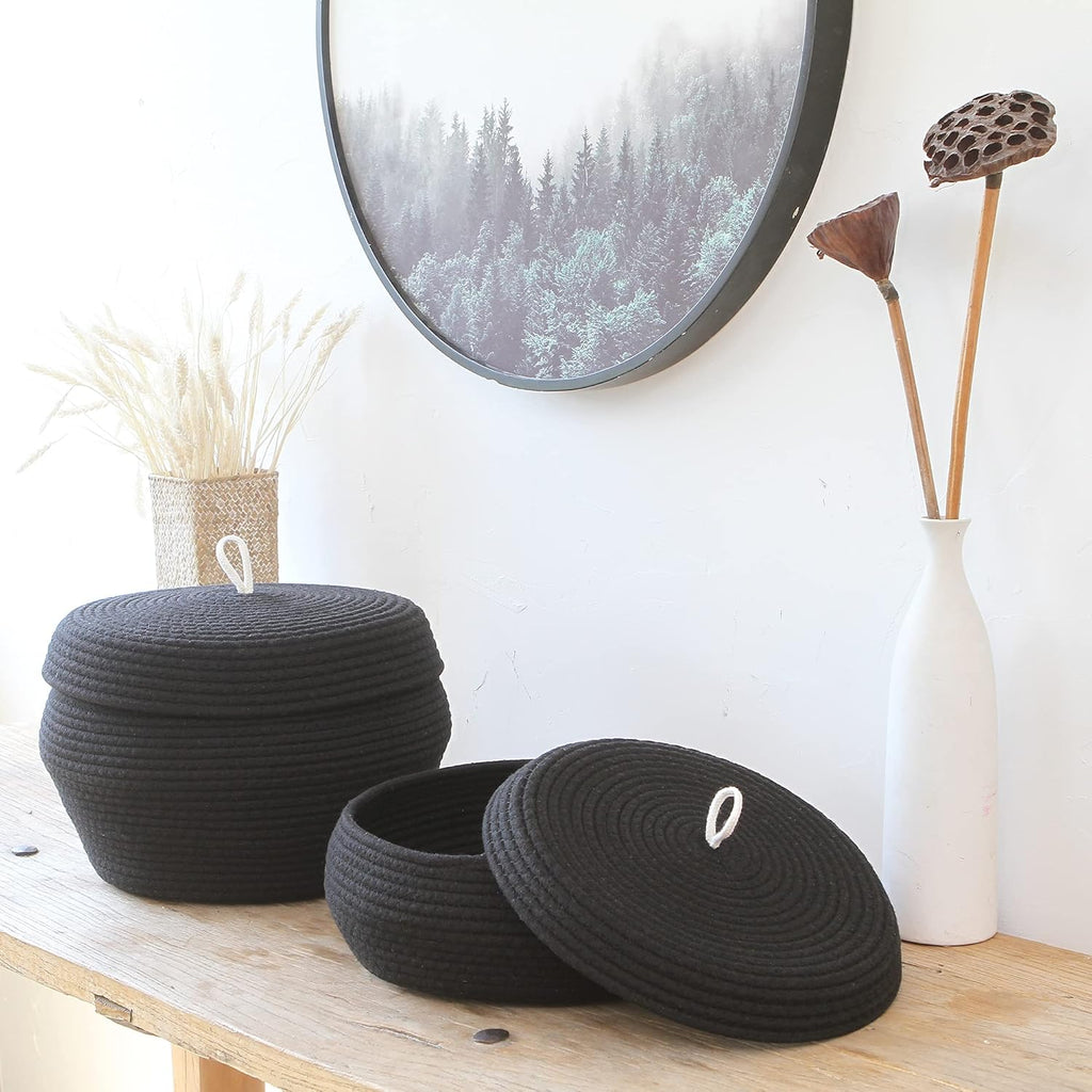 Sea Team Round Cotton Rope Storage Basket with Lid, Decorative Woven Storage Bin, Pot, Caddy, Organizer, Container for Snacks, Towels, Plants, 13 x 5.5 Inches (Large, Shallow, Black)