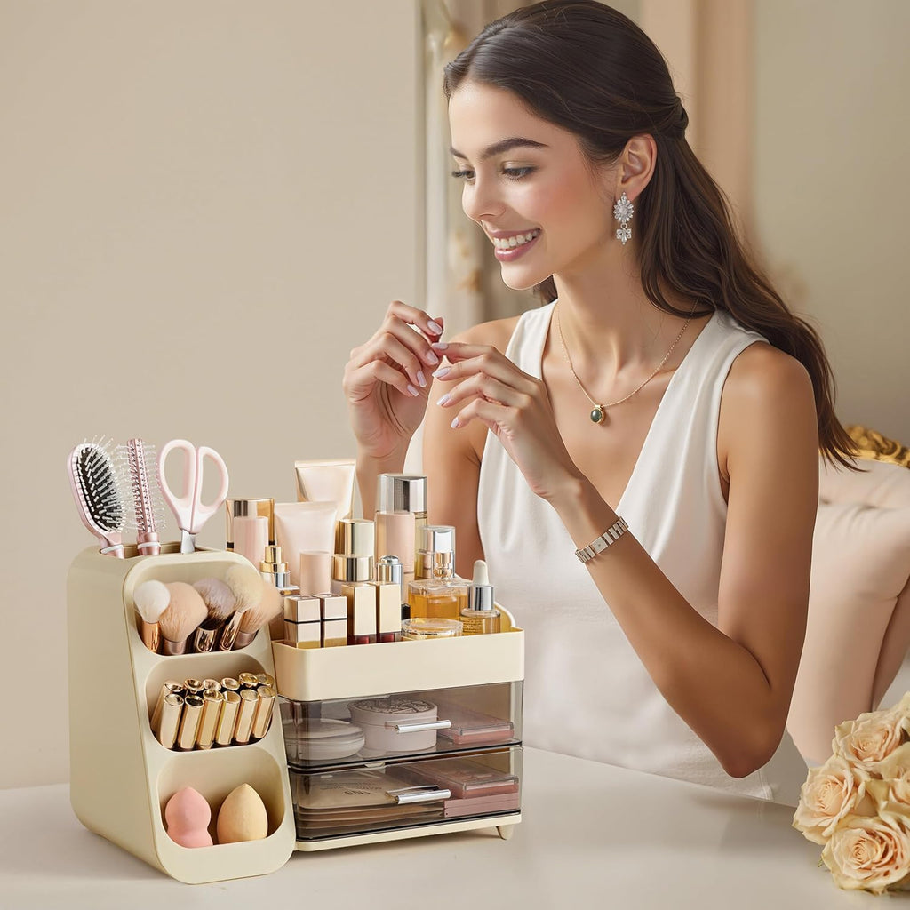 HBlife Makeup Organizer with Brush Holder for Vanity, Large Plastic Bathroom Countertop Organizer Skin Care Storage, Easy to Store Lipsticks, Nail Polishes, Perfumes, Eyeshadow Palettes, Beige