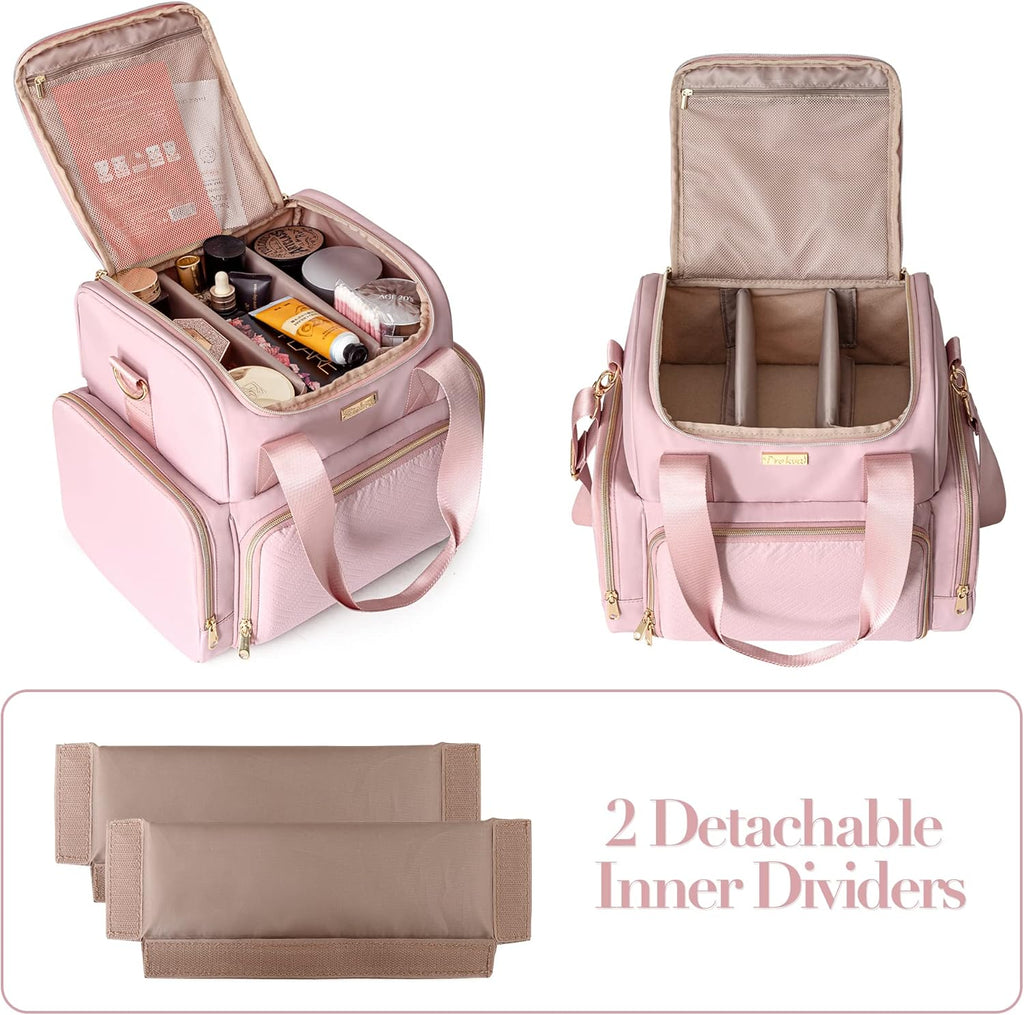 Large Makeup Cosmetic Bag with 3 Removable Case, Double Layer Travel Makeup Organizer Case with Inner Dividers and Makeup Brushes Storage Section, Pink (Patented Design)