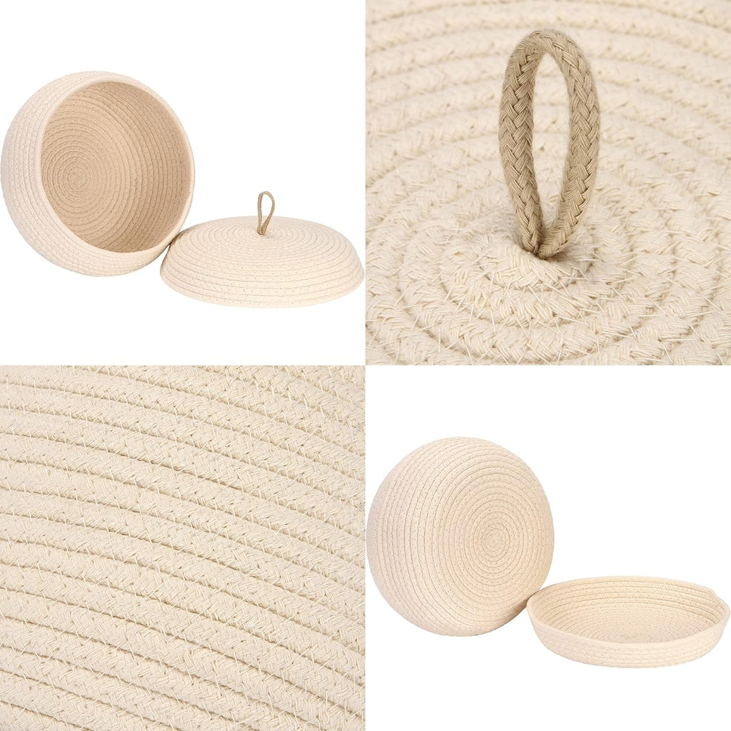 Sea Team Round Cotton Rope Storage Basket with Lid, Decorative Woven Storage Bin, Pot, Caddy, Organizer, Container for Snacks, Towels, Plants, 13 x 5.5 Inches (Large, Shallow, Cream)