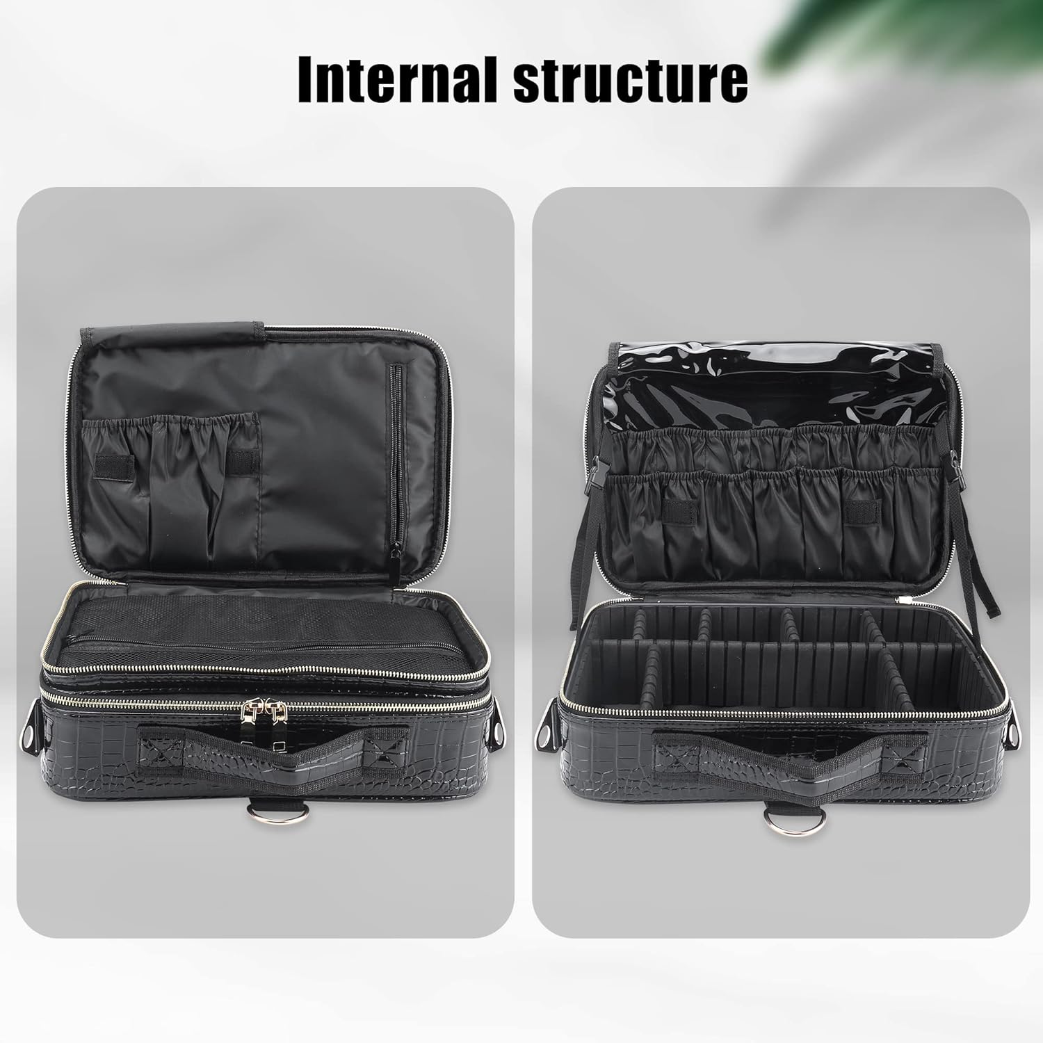 JOURMON Travel Makeup Train Case,Large Capacity Cosmetic Bags for Women,Portable Makeup Bag Organizer with Adjustable Dividers & Shoulder Strap (Crocodile Pattern Black,Medium)