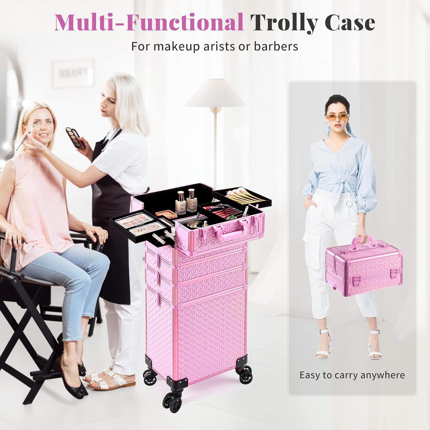 AROUS 5 in 1 Rolling Makeup Train Case Cosmetology Case on Wheels Large Cosmetic Organizer Travel Cart for Hairstylist Artist Nail Beauty Salon Barber,All Pink