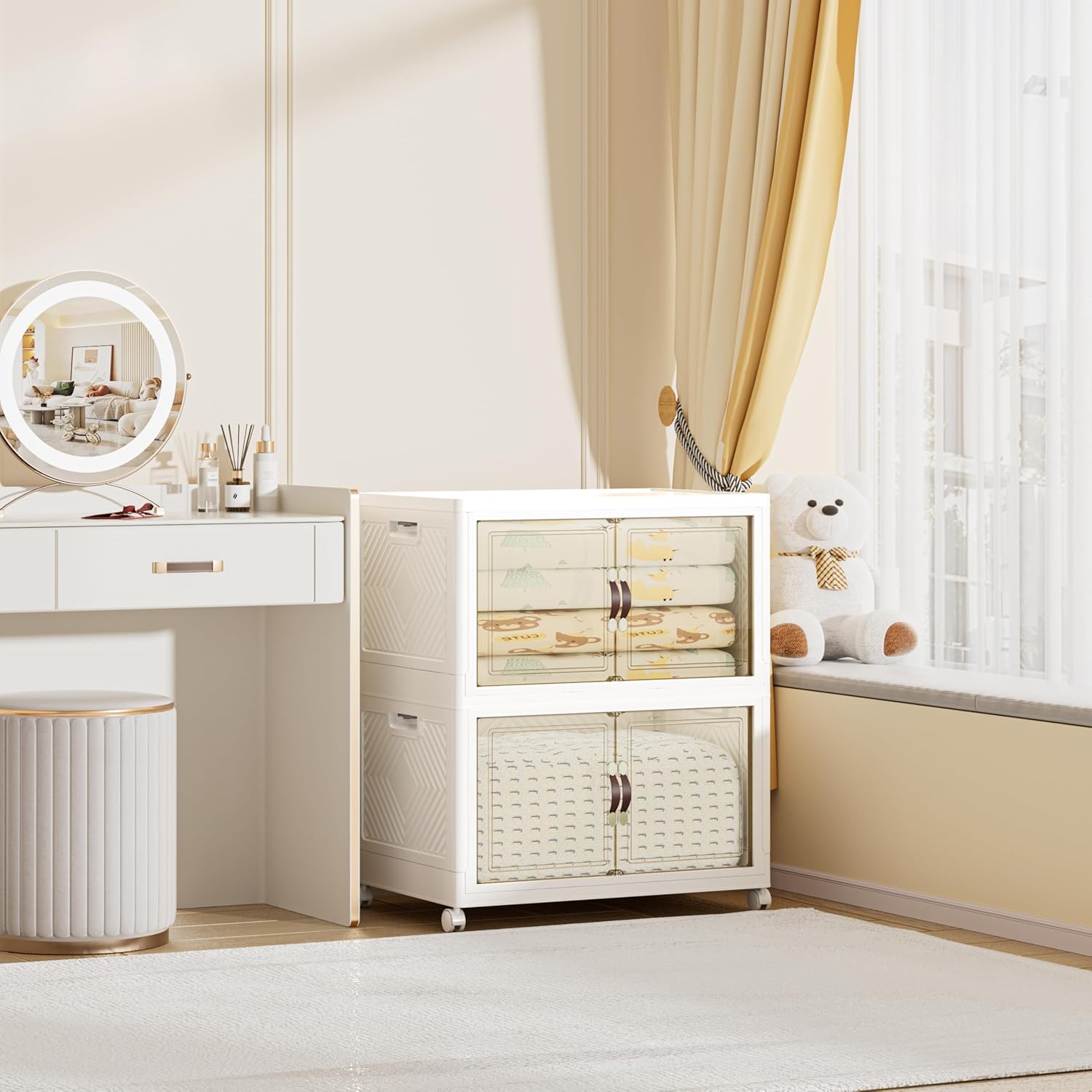 208 QT / 52 Gal Large Foldable Stackable Plastic Storage Cabinet with Double Magnetic Doors, Leather Handles & 4 Wheels - Organize Home, Office, Closet