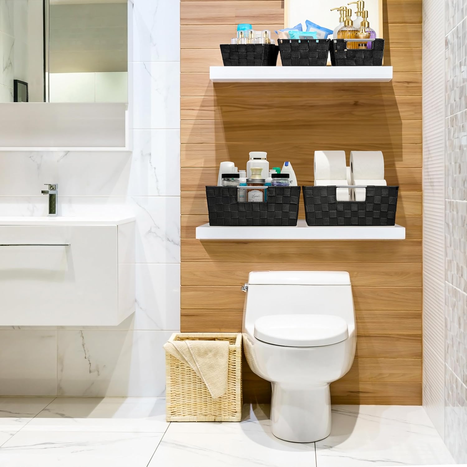 Sorbus Set of 9 Woven Storage Baskets – Mesh Hand-Woven Baskets for Organizing, Fabric Storage Bins for Linen Closet Organizer, Storage Baskets for Shelves, Home Organization and Decor (Black)