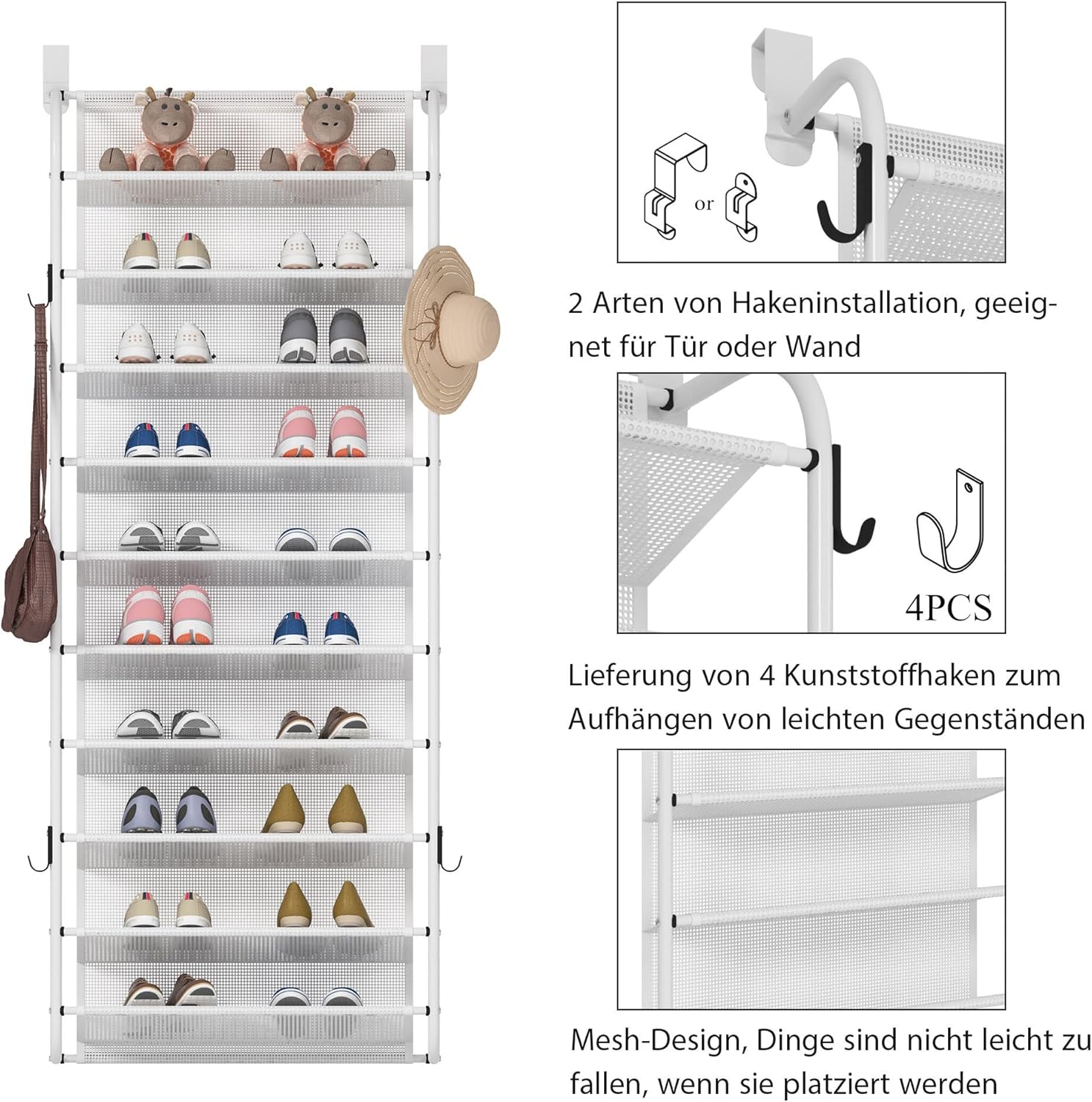 10 Tier Shoe rack Hanging Shoe Storage the door shoe rack for Closet Pantry Over The Door Shoe Organizer Wall Floating Shelves (White, 10 Tier)