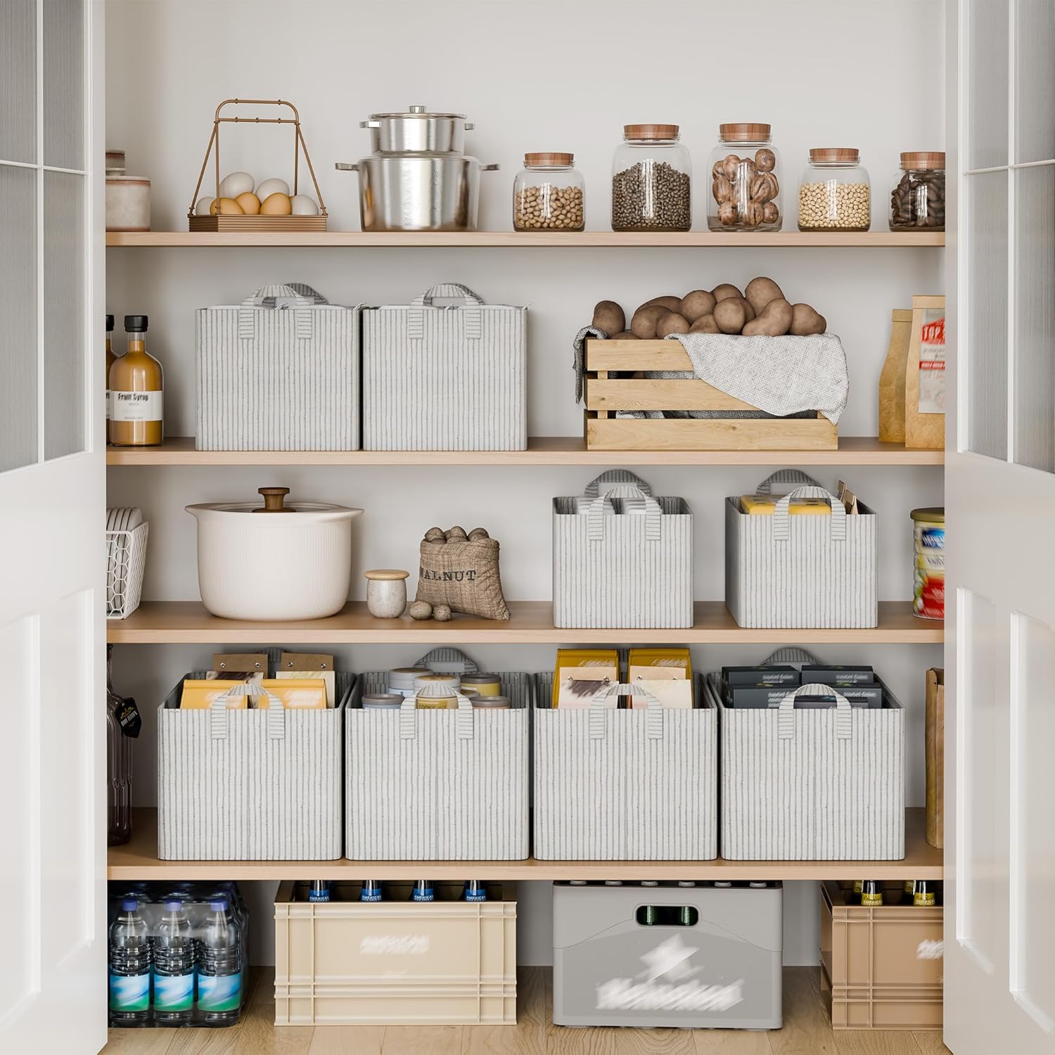 StorageWorks Storage Bins, Fabric Storage Bins for Shelves, Large Storage Baskets with Metal Frame, Closet Baskets and Bins with Handles, Khaki and Beige Stripes, 2-Pack