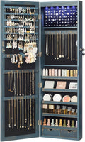 SONGMICS 6 LEDs Mirror Jewelry Cabinet, 47.2-Inch Tall Lockable Wall or Door Mounted Jewelry Armoire Organizer with Mirror, 2 Drawers, Christmas Gift, 3.9 x 14.6 x 47.2 Inches, Rustic Blue