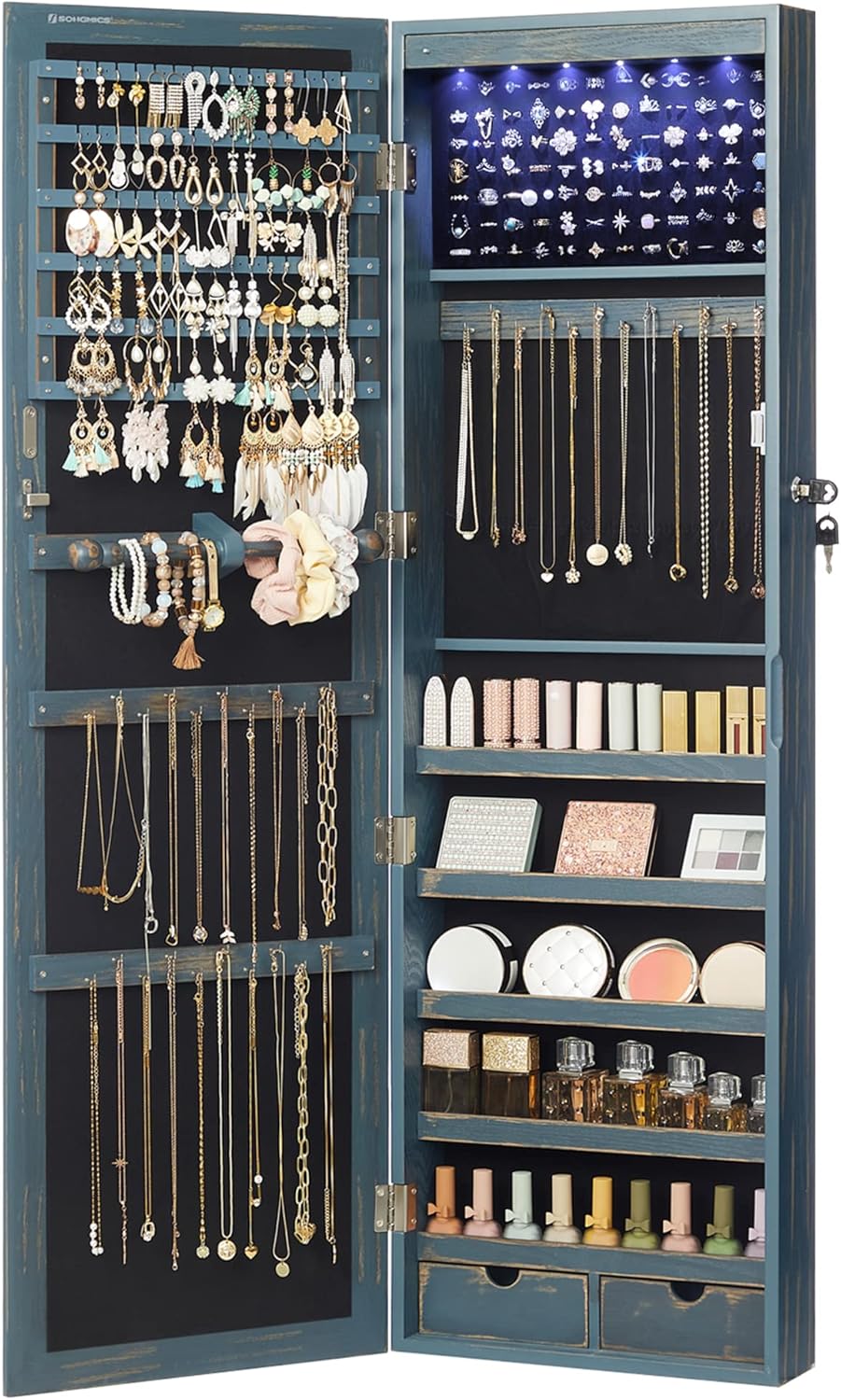 SONGMICS 6 LEDs Mirror Jewelry Cabinet, 47.2-Inch Tall Lockable Wall or Door Mounted Jewelry Armoire Organizer with Mirror, 2 Drawers, Christmas Gift, 3.9 x 14.6 x 47.2 Inches, Rustic Blue