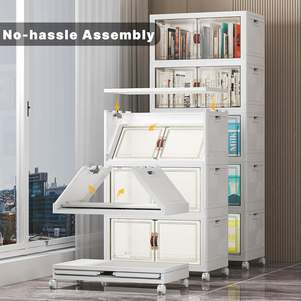 Extra Large Stackable Storage Bins with Lids & Wheels & Door, 260QT-52QT/13GAL*5Pack Foldable Collapsible Closet Organizers, Plastic containers drawers for bedroom Dorm