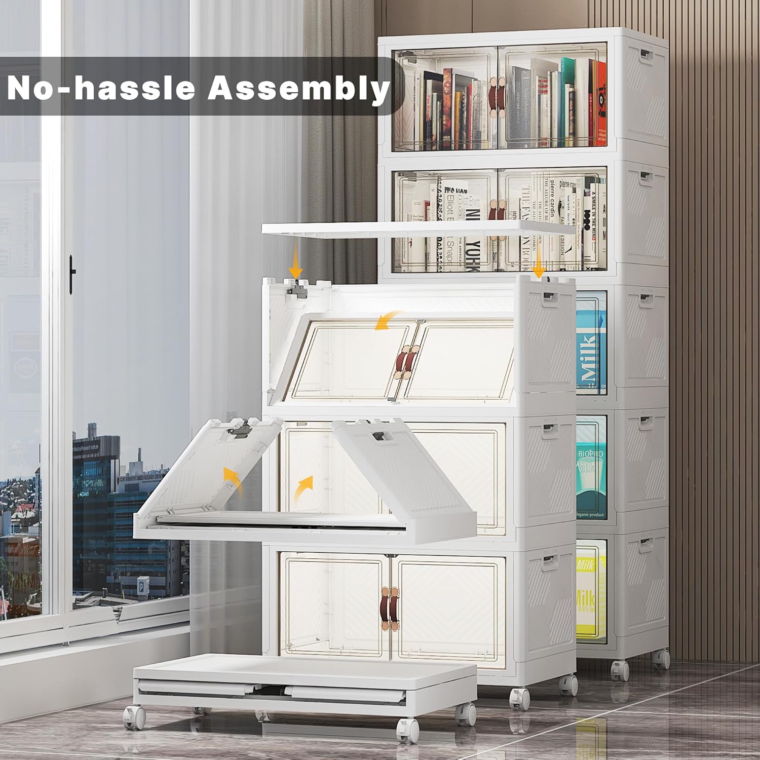 275Qt Stackable Storage Bins with Lids, 5 Pack Large Collapsible Bins with Wheels, Plastic Cabinet with Doors, Foldable Closet Organizers and Storage for Home, Dorm, Office, White