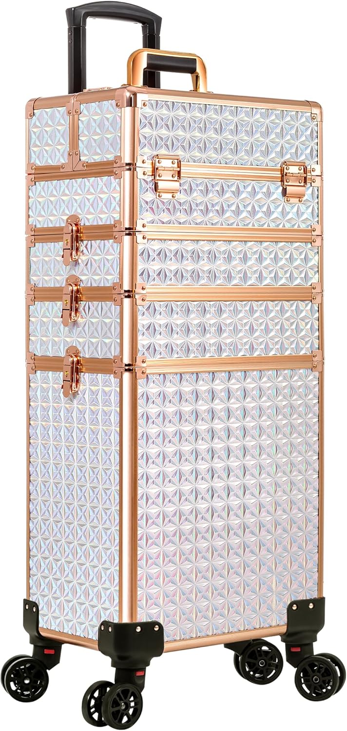 AROUS 5 in 1 Rolling Makeup Train Case Cosmetology Case on Wheels Large Cosmetic Organizer Travel Cart for Hairstylist Artist Nail Beauty Salon Barber,White