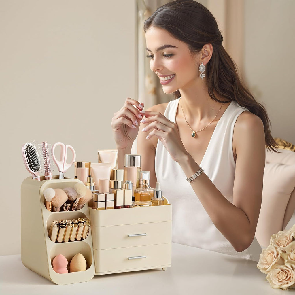 HBlife Makeup Organizer with Brush Holder for Vanity, Large Plastic Bathroom Countertop Organizer Skin Care Storage, Easy to Store Lipsticks, Nail Polishes, Perfumes, Eyeshadow Palettes, All Beige