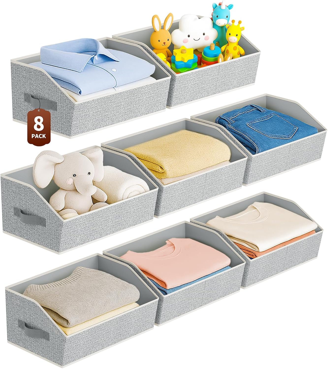 Large Closet Organizers and Storage Bins - 8 Pack Trapezoid Storage Baskets for Shelves, Foldable Fabric Baskets with Handles Ideal for Closet, Basket, Wardrobe and Shelf Storage, Light Grey