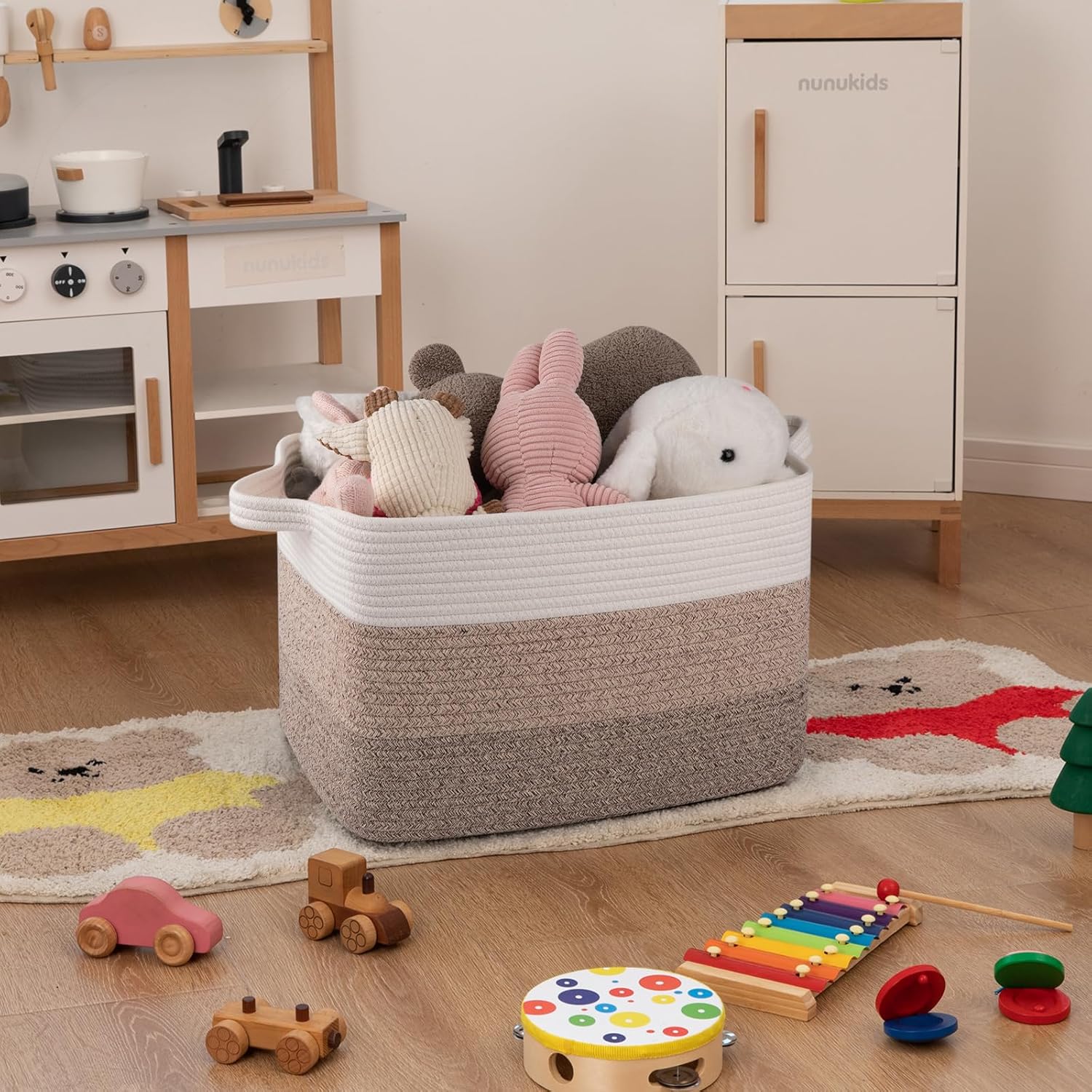 OIAHOMY Cotton Rope Basket, Rectangle Woven Baskets for Storage, Nursery Blanket Storage Living Room, Toy Basket With Handle-17.7”x13.8”x11”-Gradient Yellow