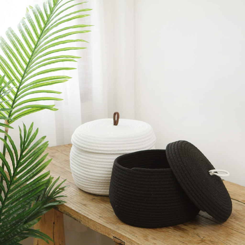 Sea Team Round Cotton Rope Storage Basket with Lid, Decorative Woven Storage Bin, Pot, Caddy, Organizer, Container for Snacks, Towels, Plants, 10 x 7.5 Inches (Small, Black)
