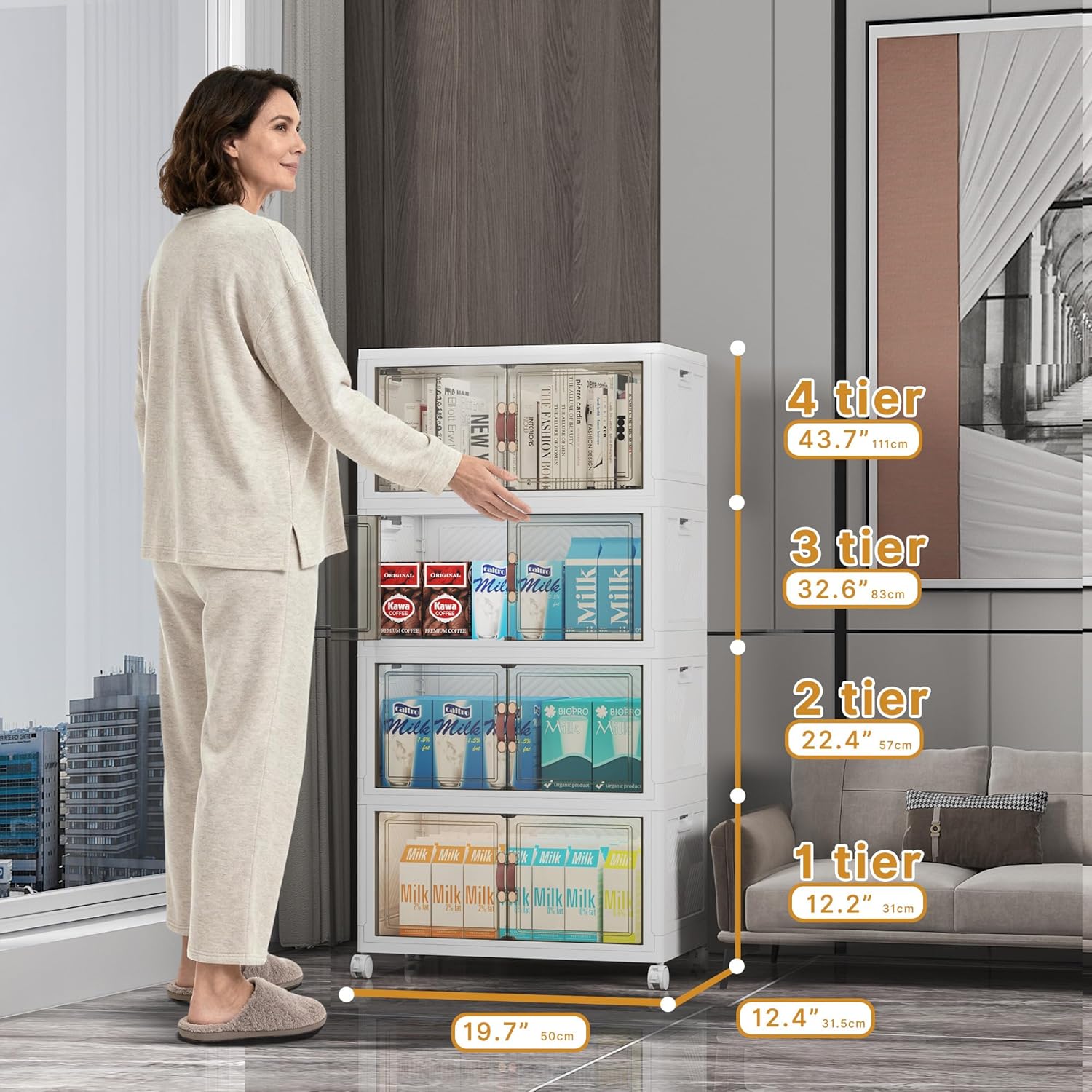 440Qt Stackable Storage Bins with Lids, 8 Pack Collapsible Bins with Wheels, Plastic Cabinet with Doors, Foldable Closet Organizers and Storage for Home, Dorm, Office, White