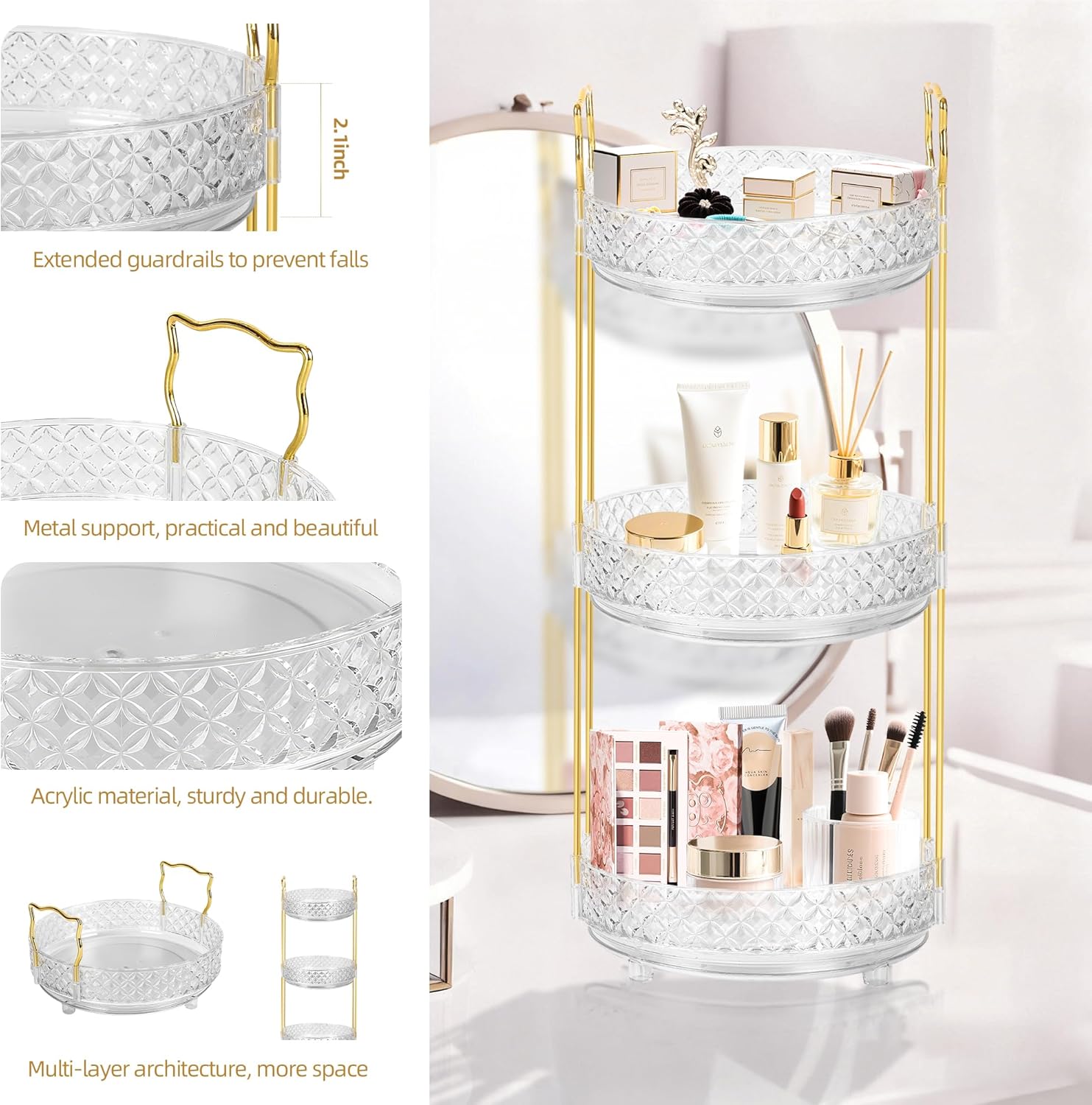 360 Rotating Rotating Makeup Organizer for Vanity, 3 Tier Perfume Skincare Organizers and Storage for Bathroom Countertop, Clear Spinning Counter Cosmetic Holder for Dresser,Clear