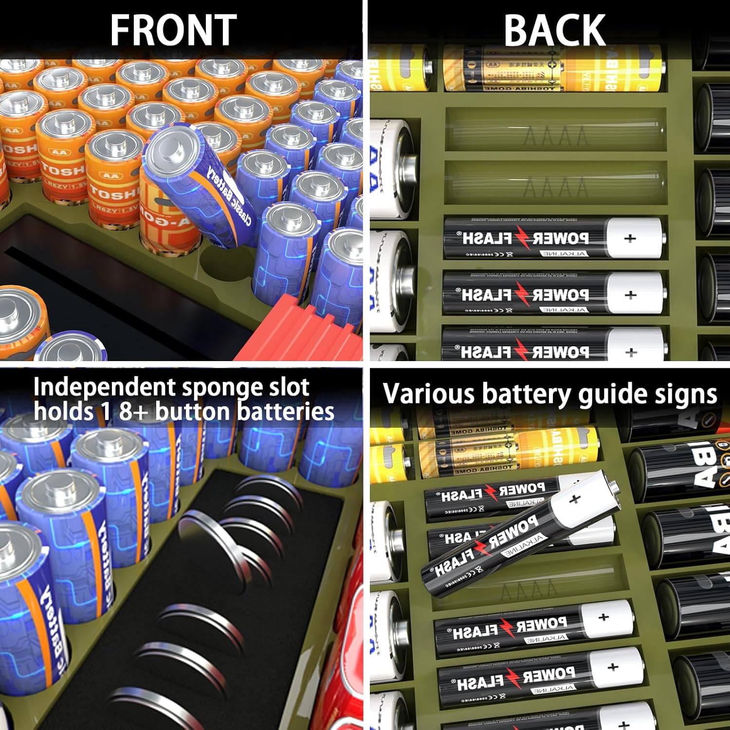 ALCYON Large Capacity 269 Battery Organizer Storage Case with Tester, Double-Side Battery Holder Container for AA AAA AAAA C D 9V Lithium 3V CR123 CR2032 CR1632 18650 Batteries(Box Only) (Green)
