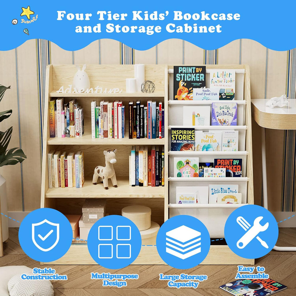 4 Tier Kids Wooden Bookshelf,Five Layer Sling Children Bookcase,Baby Storage Book Rack,Book and Toy Organizer Cabinet Chest,Book Display Shelf,Playroom Nursery Classroom Library
