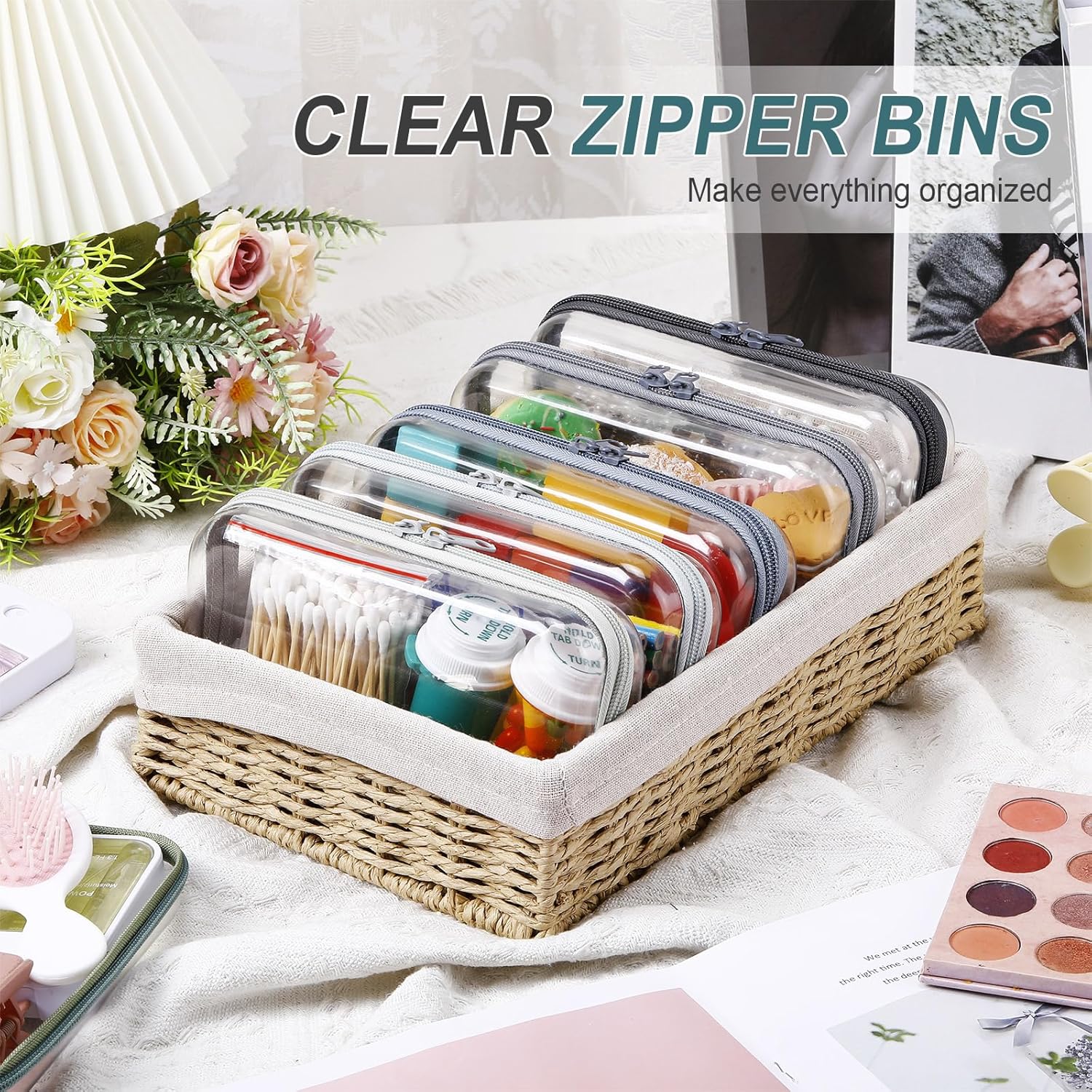 Sanwuta 6 Pcs Clear Hard Zipper Case Hard Plastic Zipper Pouches Transparent Makeup Bag Pencil Pouches for Travel Snacks Christmas Trinket Storage Organizer Box(Blue-green,7.48 x 3.94 x 2 Inch)