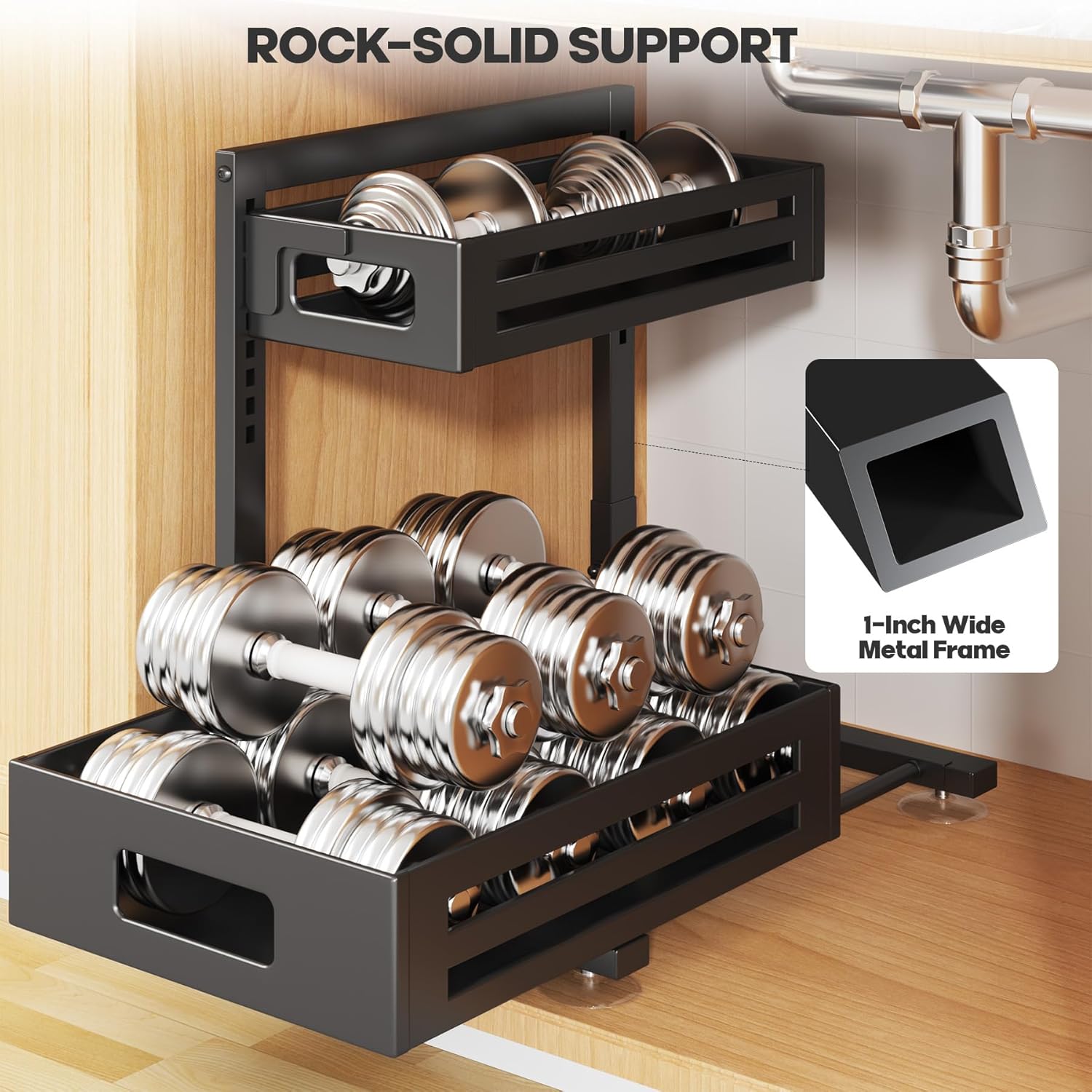 1 Pack Under Sink Organizer,Pull Out Cabinet Organizer with Smooth Cylindrical Rail,Metal Slide Out Drawer for Kitchen Bathroom Laundry Cabinet,8-Level Tool Free Height Adjustable-Black