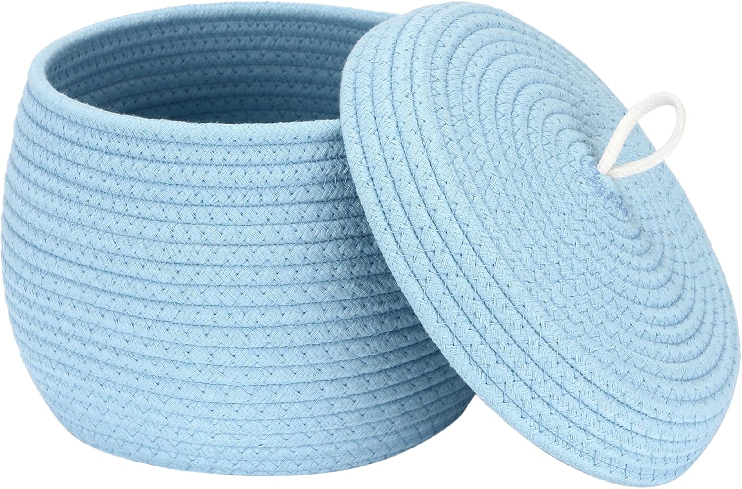 Sea Team Round Cotton Rope Storage Basket with Lid, Decorative Woven Storage Bin, Pot, Caddy, Organizer, Container for Snacks, Towels, Plants, 10 x 7.5 Inches (Small, Blue)
