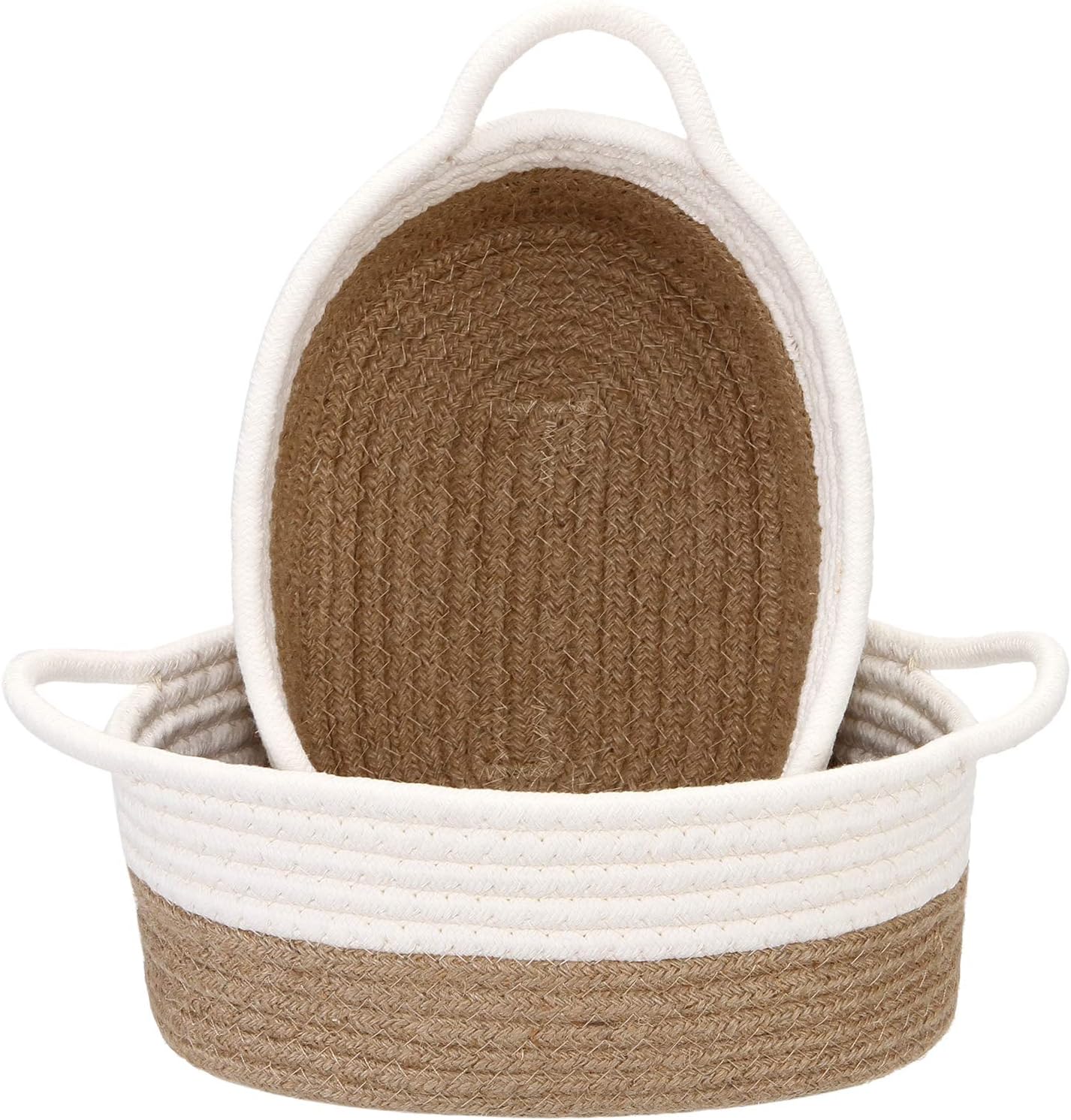 Sea Team 2-Pack Cotton Rope Baskets, 10 x 7 x 4 Inches Small Woven Storage Basket, Fabric Tray, Bowl, Oval Open Dish for Fruits, Jewelry, Keys, Sewing Kits (Flaxen & White)
