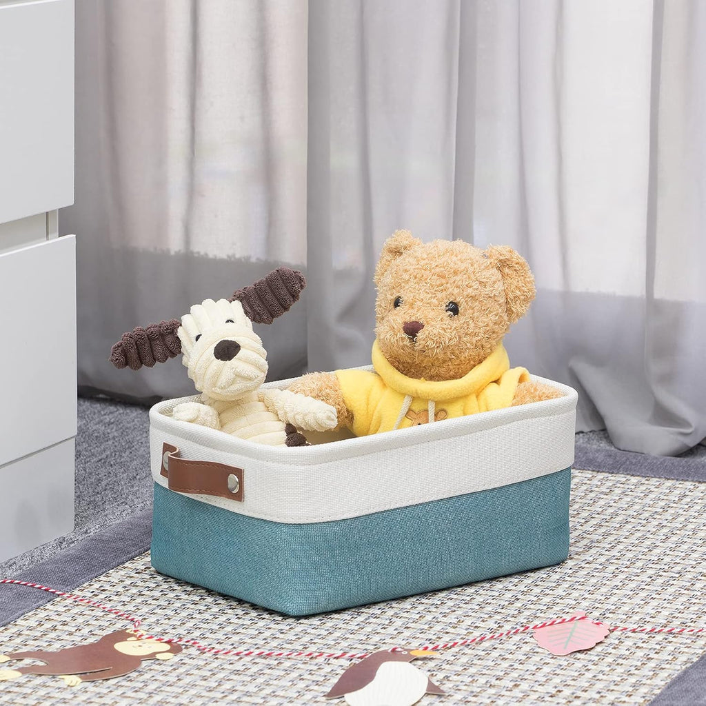HNZIGE Storage Baskets Bins Set, (6 pack) Small Fabric Baskets for Shelves, Baskets for Gifts Empty with Handles for Organizing Shelf Nursery Home Closet Clothes room(White Teal, 11.8" x 7.8" x 5.1")
