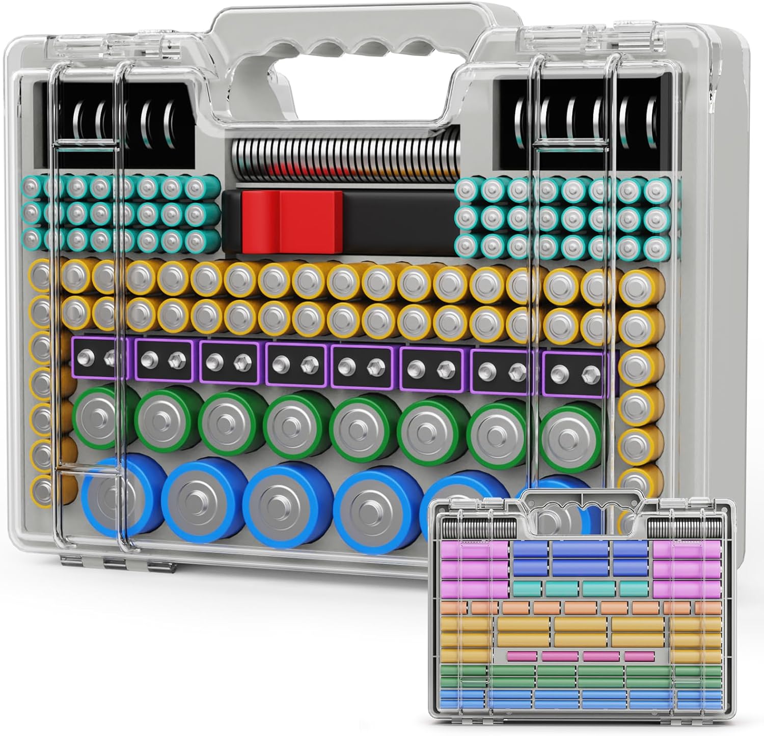 Battery Organizer Storage Holder Box Case with Tester, Ultra-Large 262+ Batteries Container with Double-Sided, Holds AA AAA 4A 23A C D Cell 9V 3V Lithium 4LR44 CR3 CR123A 18650 (Gray)