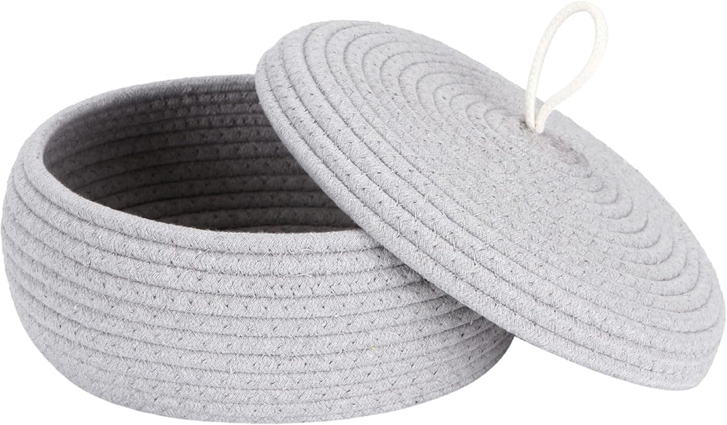 Sea Team Round Cotton Rope Storage Basket with Lid, Decorative Woven Storage Bin, Pot, Caddy, Organizer, Container for Snacks, Towels, Plants, 10 x 4.5 Inches (Small, Shallow, Grey)
