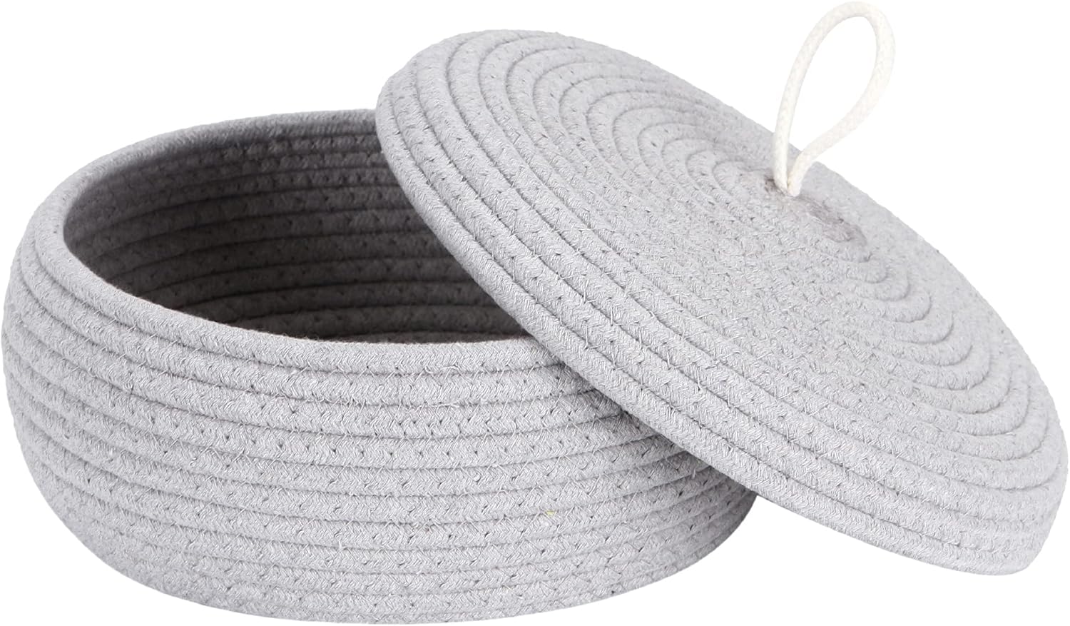 Sea Team Round Cotton Rope Storage Basket with Lid, Decorative Woven Storage Bin, Pot, Caddy, Organizer, Container for Snacks, Towels, Plants, 10 x 4.5 Inches (Small, Shallow, Grey)