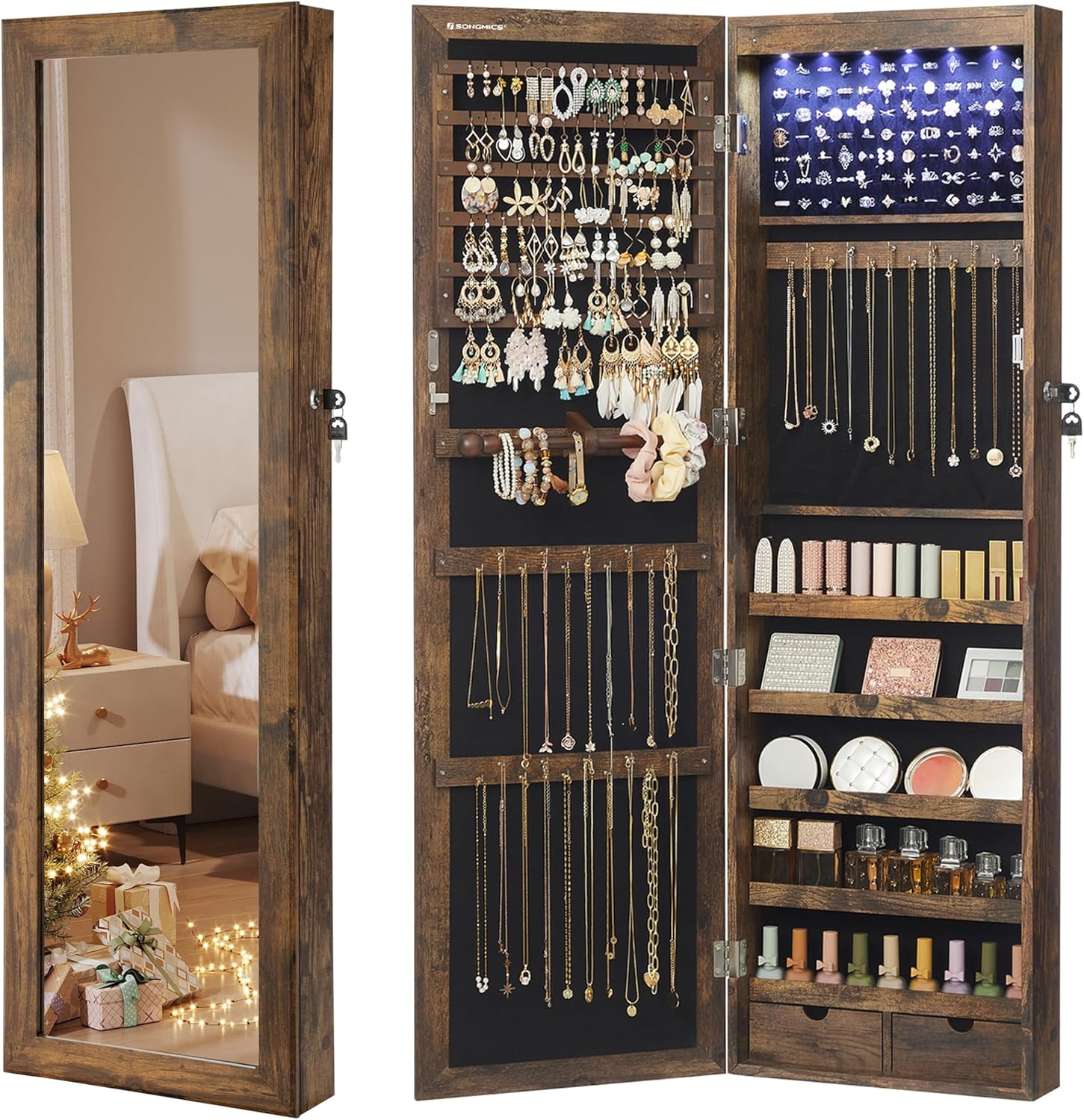 SONGMICS 6 LEDs Mirror Jewelry Cabinet, 47.2-Inch Tall Lockable Wall or Door Mounted Jewelry Armoire Organizer with Mirror, 2 Drawers, Christmas Gift, 3.9 x 14.6 x 47.2 Inches, Rustic Brown