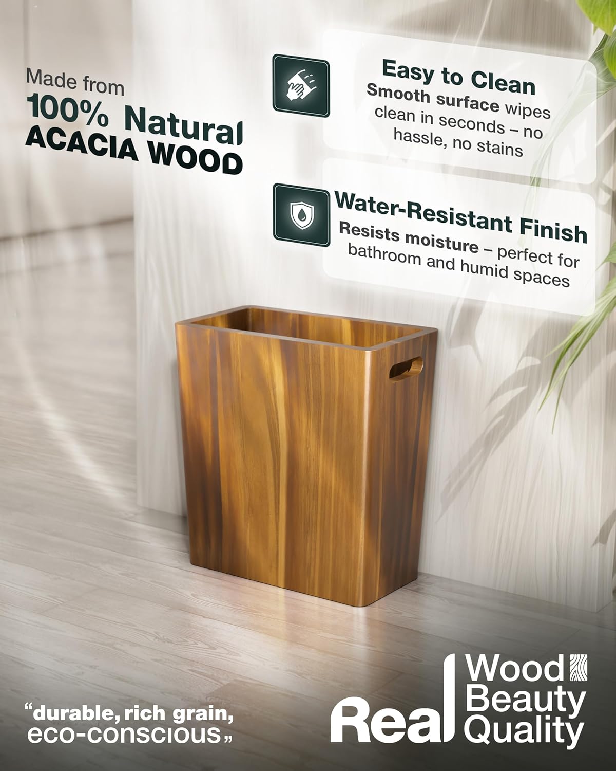 BLUEWEST 2.6 Gallons Wooden Wastebaskets – Solid Acacia Wood Trash Can with Handles, Rectangular Bin for Bathroom, Bedroom, Kitchen, Office – Brown Decorative Basket for Living Room or Under Counter