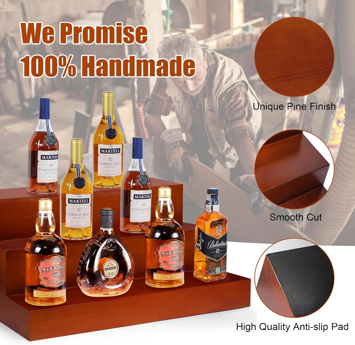 Liquor Bar Bottle Display Shelf, 3 Tier Solid Wood Liquor Bottle Stand, Bar Liquor Shelves for Home, Bar, Kitchen