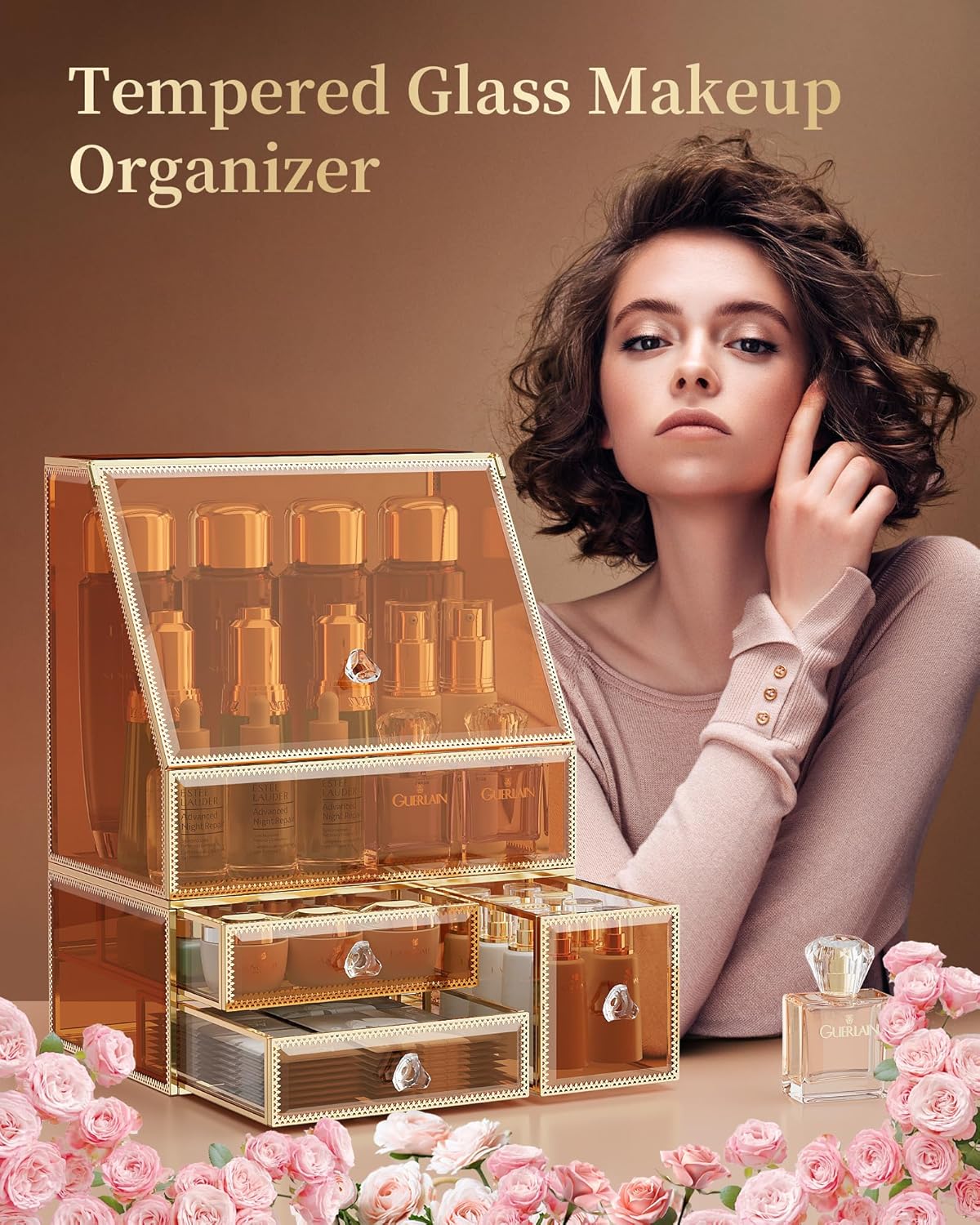 Makeup Organizer Countertop,Amber Makeup Organizer with Drawer, Skincare Holder for Bathroom Countertop,Cosmetic Display Case for Dresser