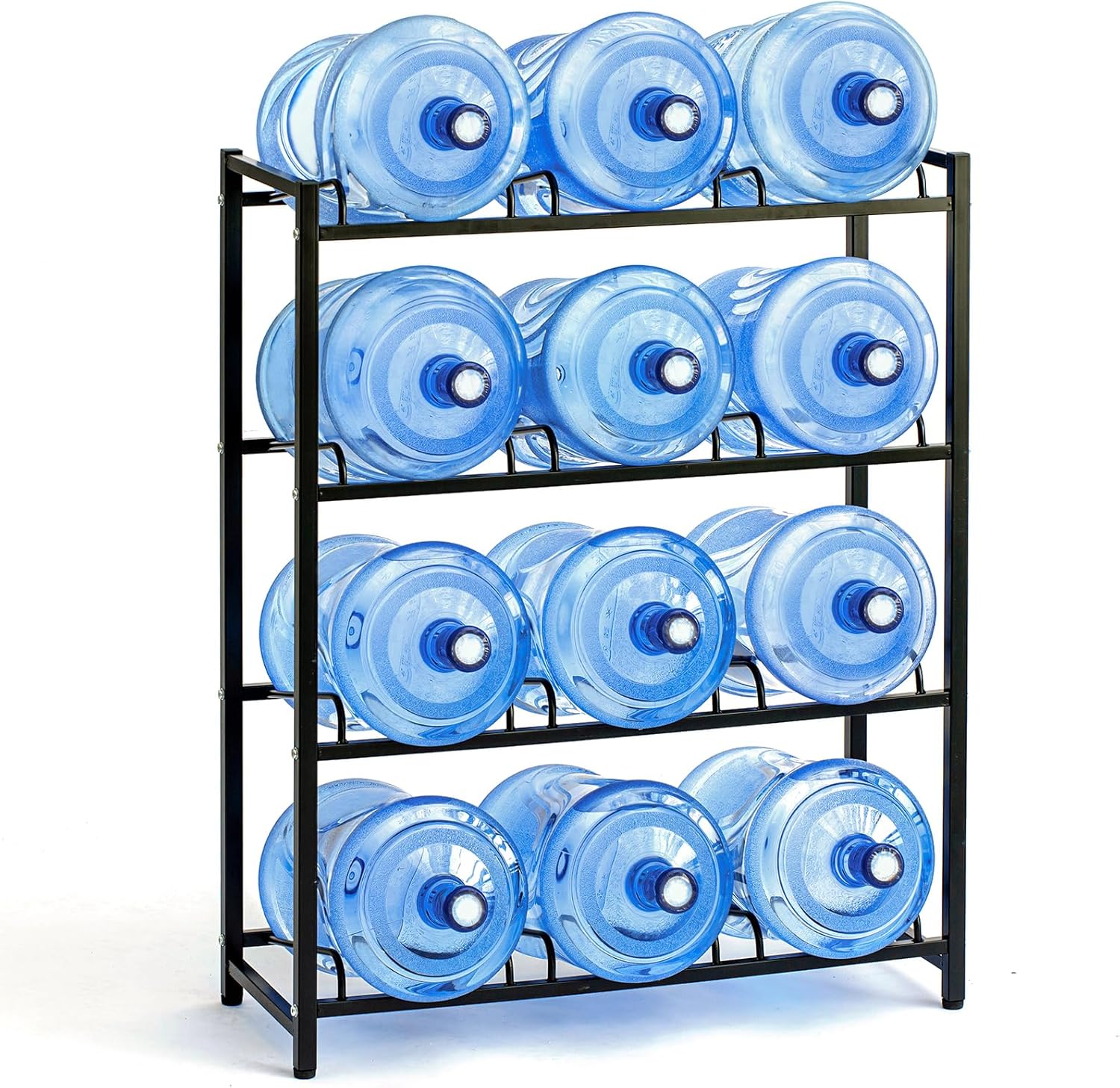 5 Gallon Water Dispenser Jug Holder Heavy Duty Water Cooler Jug Rack and 4 Tier Water Storage Rack with 12 Slots for Gallon Jugs (Black)