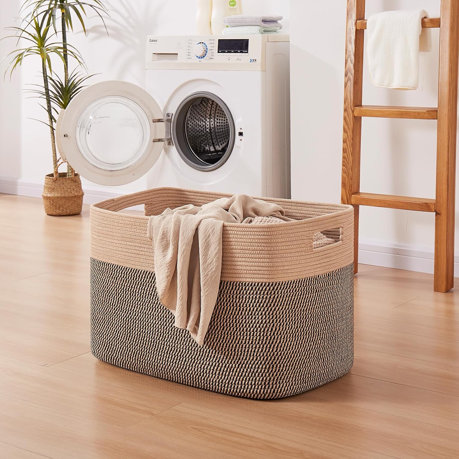 OIAHOMY 108L Extra Large Blanket Basket, 25”x16”x16” Laundry Basket, Blanket Storage for Living Room, Dog Toy Storage with Handle - Yellow & Black