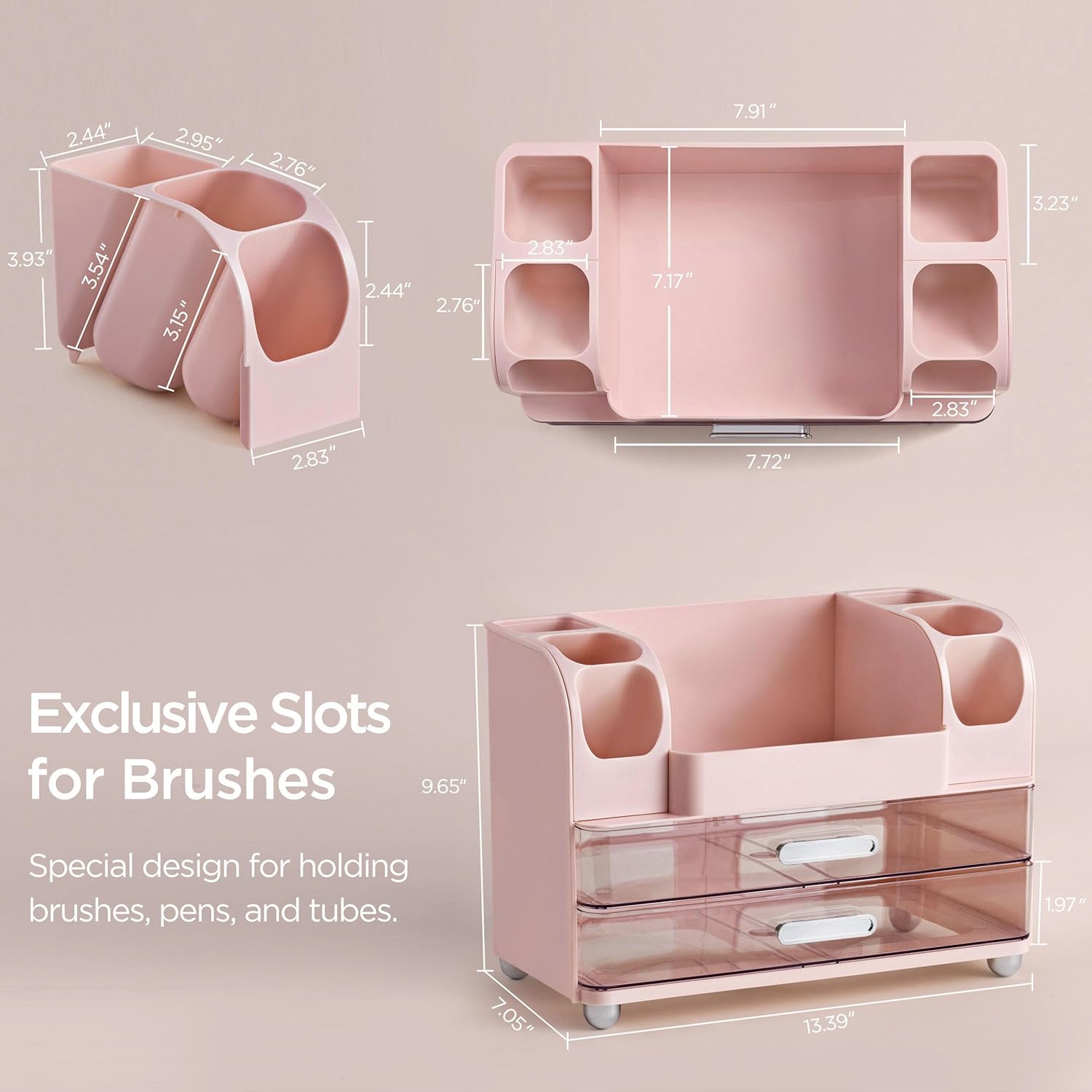 HBlife Makeup Organizer for Vanity with Brush Holder, Large Bathroom Countertop Cosmetic Organizer Skin Care Storage, Easy to Store Lipsticks, Nail Polishes, Perfumes, Eyeshadow Palettes, Pink