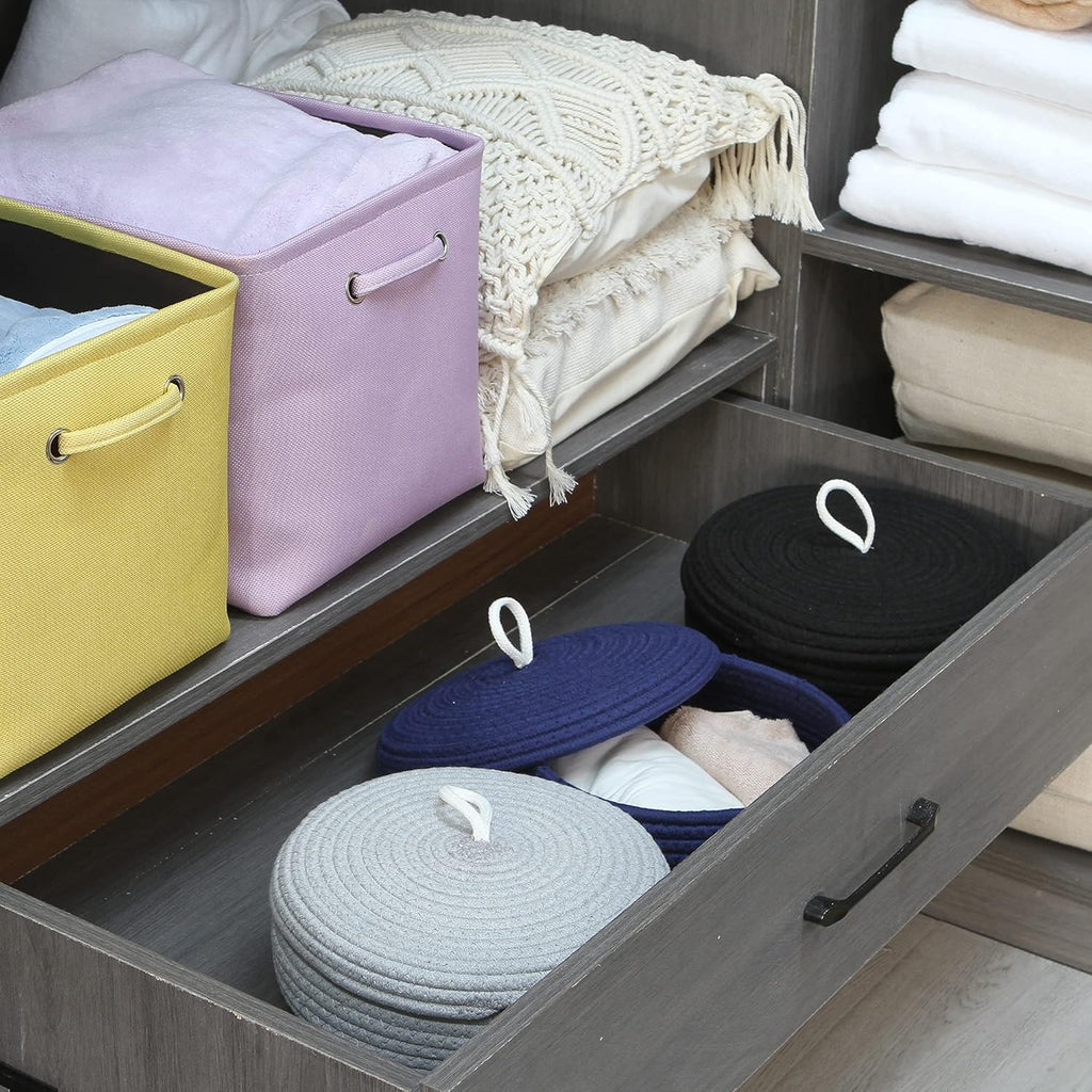 Sea Team Round Cotton Rope Storage Basket with Lid, Decorative Woven Storage Bin, Pot, Caddy, Organizer, Container for Snacks, Towels, Plants, 10 x 4.5 Inches (Small, Shallow, Dark Blue)