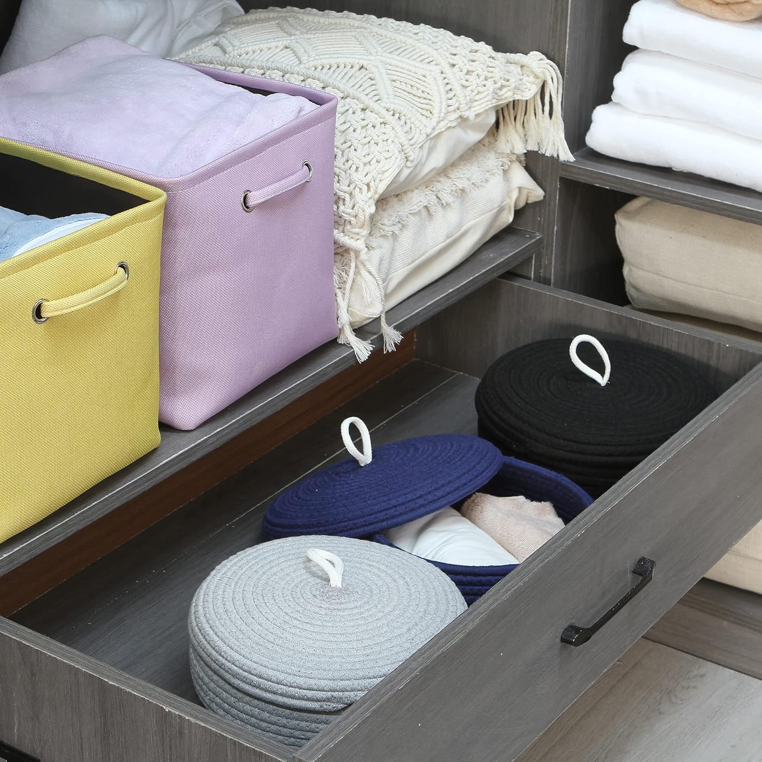 Sea Team Round Cotton Rope Storage Basket with Lid, Decorative Woven Storage Bin, Pot, Caddy, Organizer, Container for Snacks, Towels, Plants, 10 x 4.5 Inches (Small, Shallow, Dark Blue)