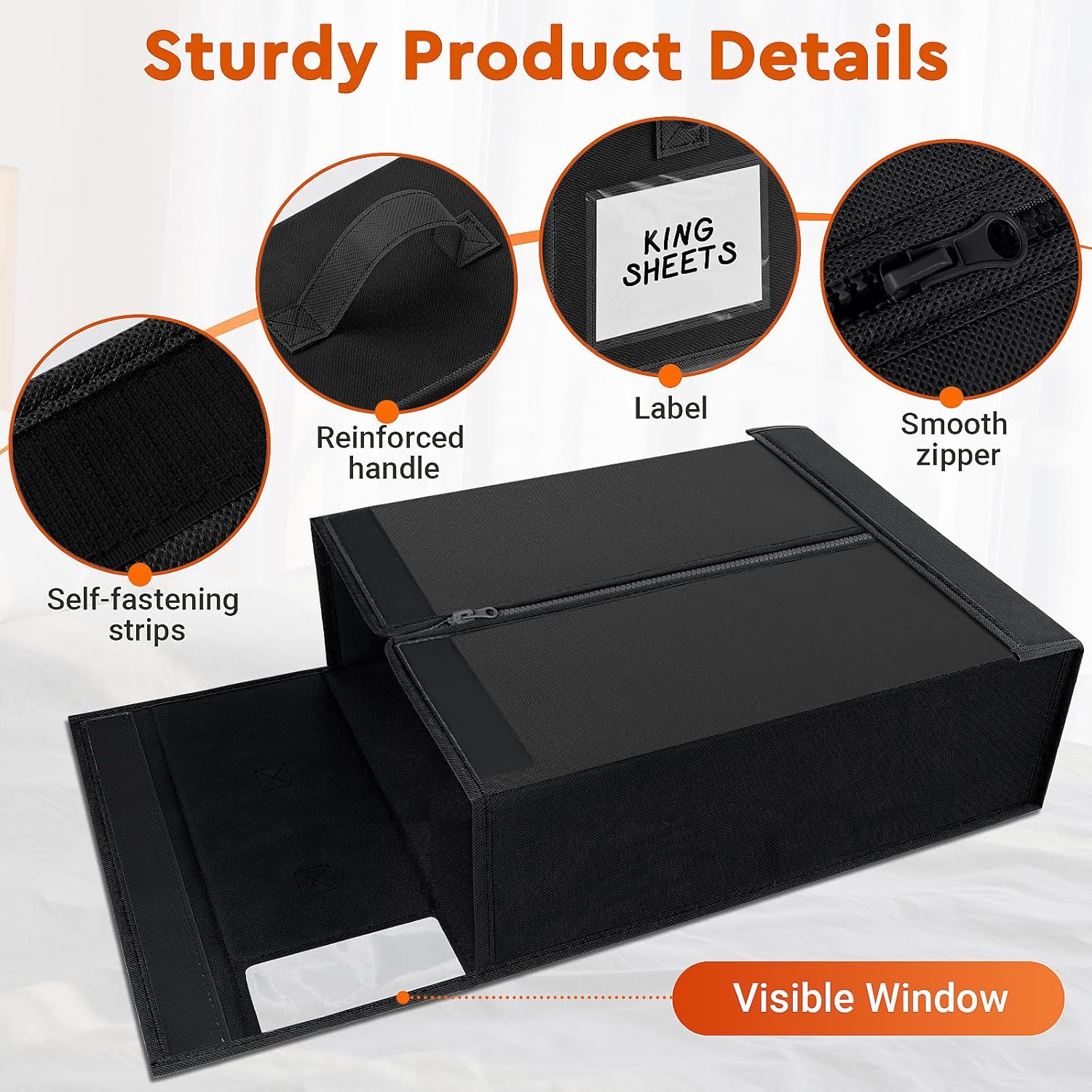 6 Pack Bed Sheet Closet Organizers and Storage,Sturdy Foldable Storage Containers with Window and Label,Storage and Organization for Bedding Sheets,Duvet Covers,Blankets (Black)