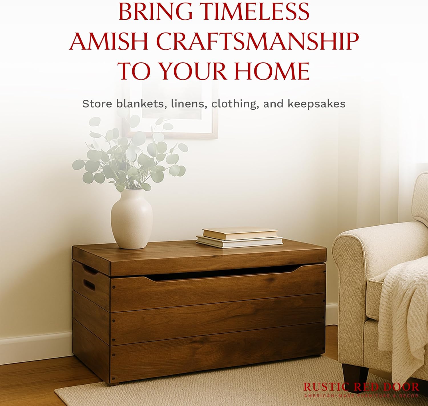 Amish Made Wooden Storage Chest Trunk Box with Lid and Handles for Bedroolanket, Clothes, Anti-Slam Hinges, Handmade, Rustic Hickory Wood, Asbury Stain, 42"