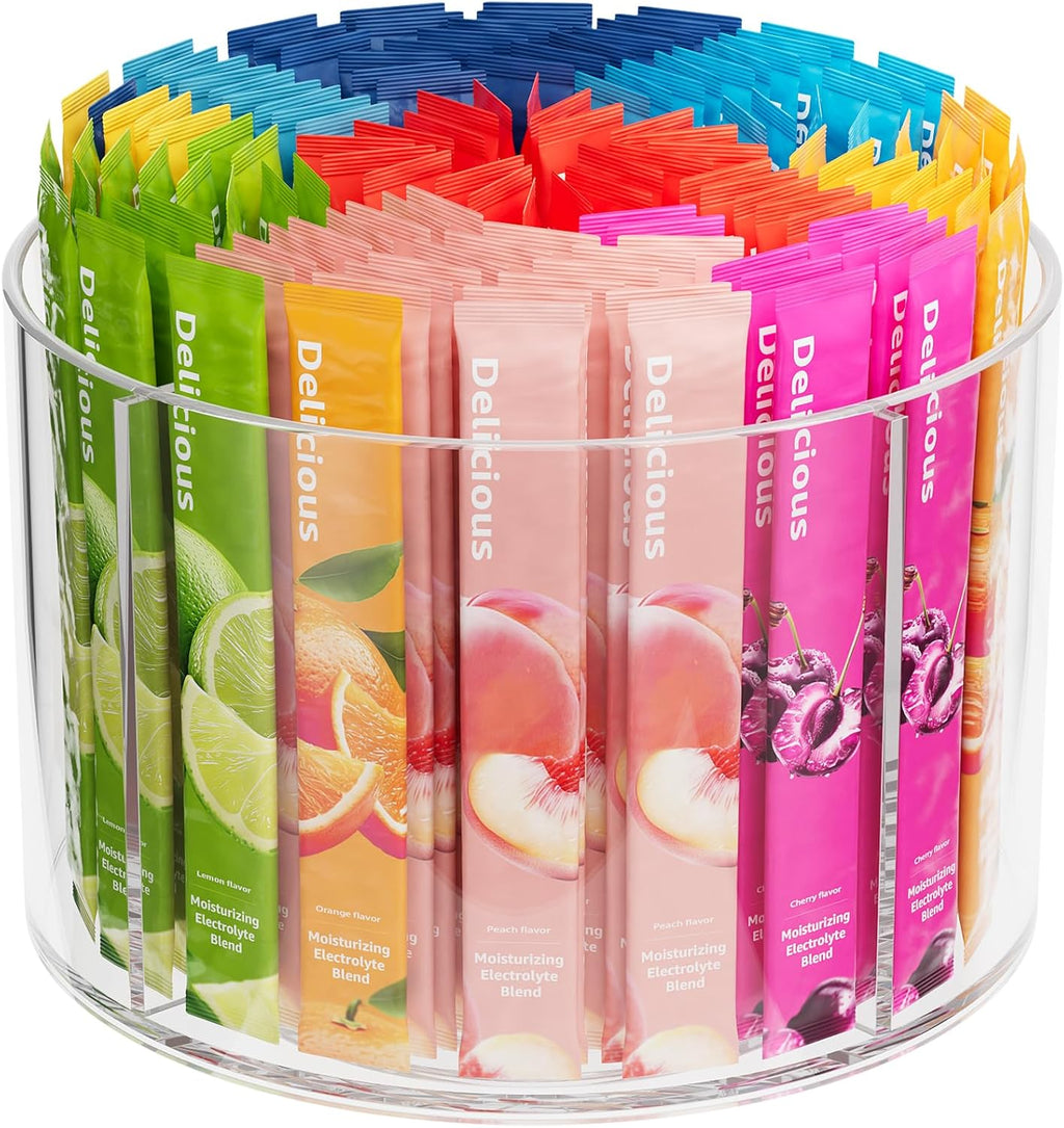 Divided Drink Packet Organizer, Rotating Turntable Organizer, Clear Lazy Susan for Powdered Drink Mix, Water Drink Packet Holder