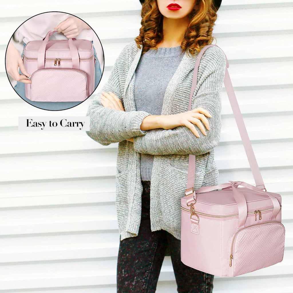 Travel Makeup Bag with 2 Pouches and Adjustable Dividers, Large Cosmetic Case Make up Organizer for Women Fits Bottles Vertically, Pink (Patented Design)