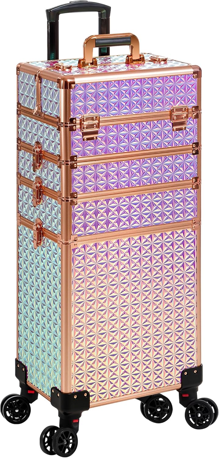 AROUS 5 in 1 Rolling Makeup Train Case Cosmetology Case on Wheels Large Cosmetic Organizer Travel Cart for Hairstylist Artist Nail Beauty Salon Barber,Colorful