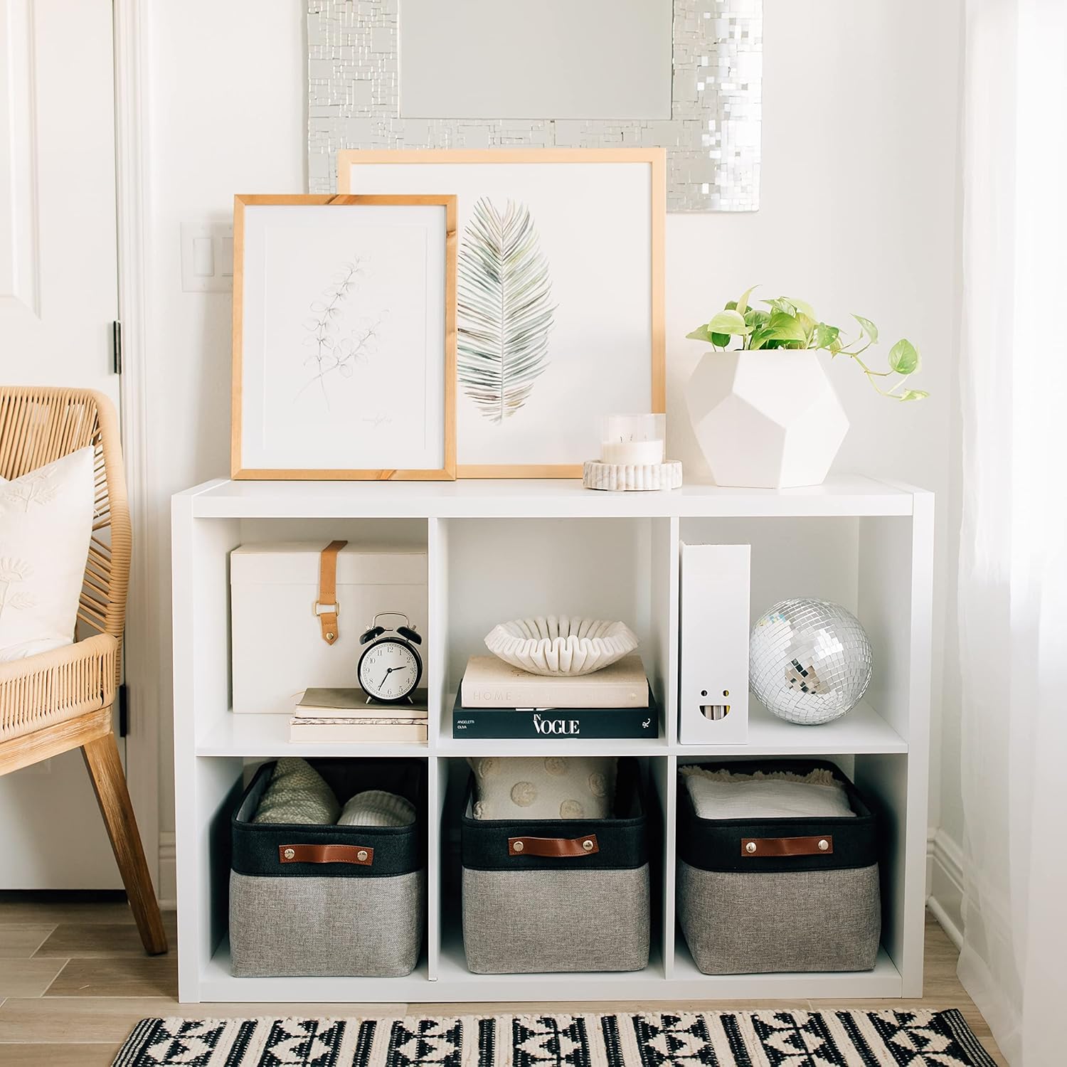 OrganiHaus Large Fabric Storage Baskets for Shelves 3 Pack, 15x11in Closet Storage Bins for Shelves, Canvas Baskets for Organizing, Linen Closet Organizers, Cloth Basket, Gray/Black