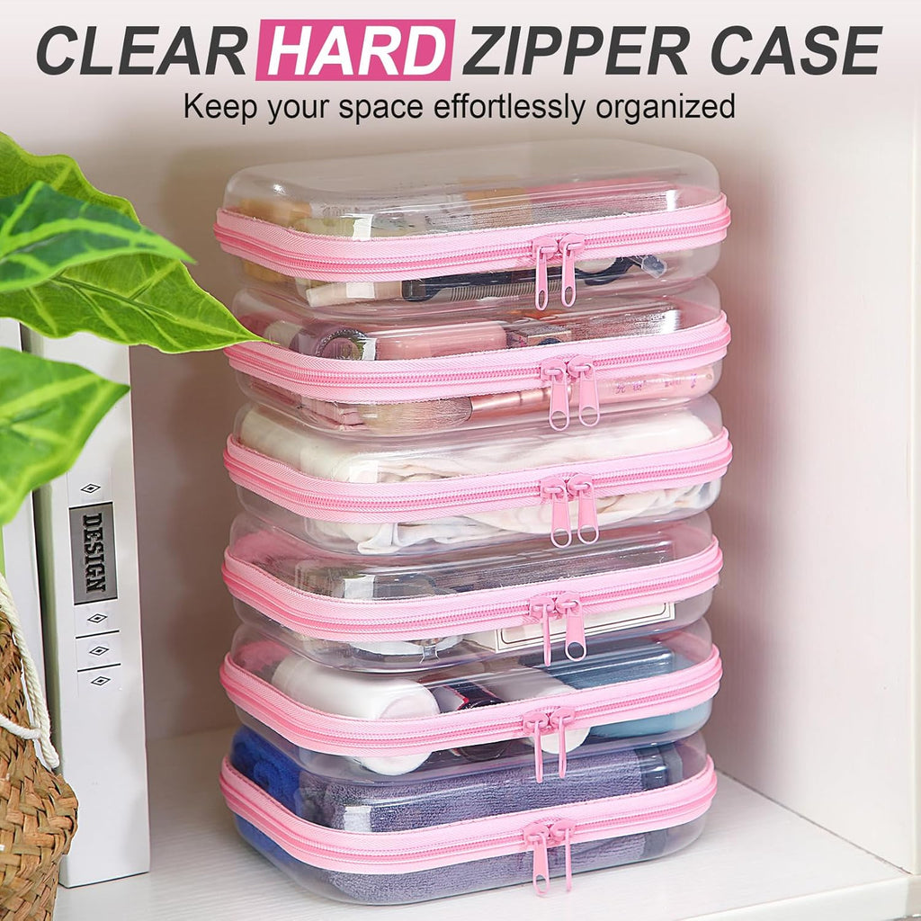 Sanwuta 6 Pcs Clear Hard Zipper Case Hard Plastic Zipper Pouches Transparent Makeup Bag Pencil Pouches for Travel Snacks Christmas Trinket Storage Organizer Box(Pink,7.87 x 5.9 x 2 Inch)